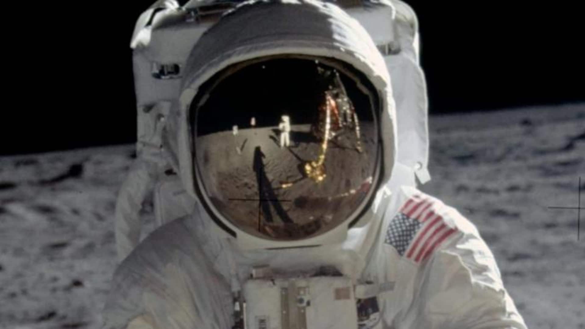 Astronaut Edwin E. "Buzz" Aldrin walks on the surface of the moon near the leg of the Lunar Module "Eagle" during the Apollo 11. (Credit: NASA)