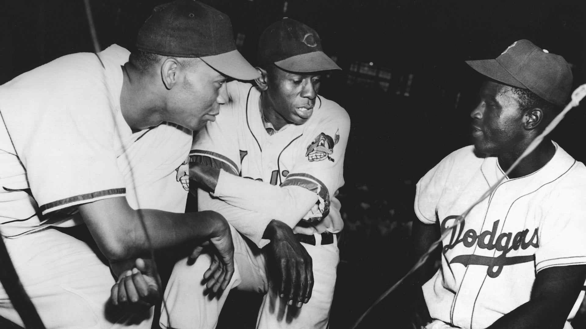 From left to right: Larry Doby, Satchel Paige and Jackie Robinson