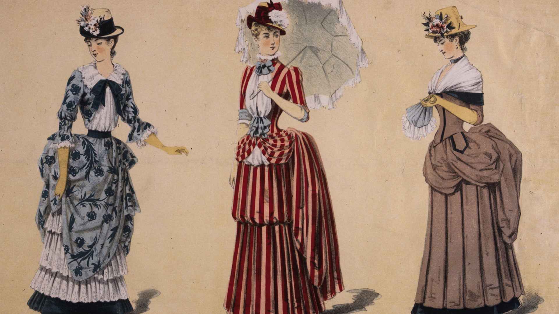 May 1884: Late Victorian 'flower show and garden party dresses' with high bustles and fitted corset lines.