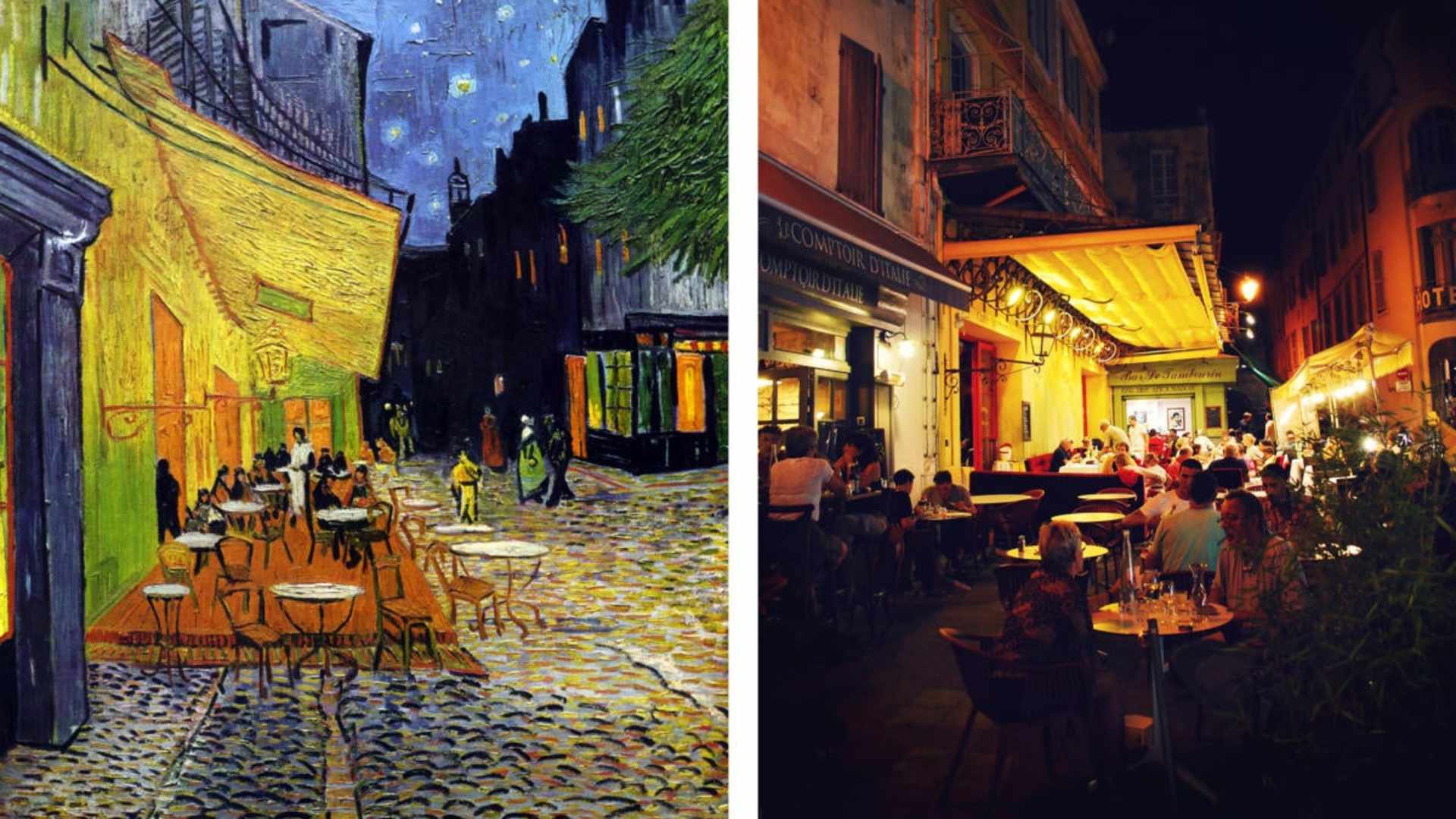 Cafe Terrace at Night, by Vincent van Gogh, alongside the real cafe in the painting. (Credit: Universal History Archive/UIG/Getty images & Alessandro Bonvini/Flickr Creative Commons/CC BY 2.0)