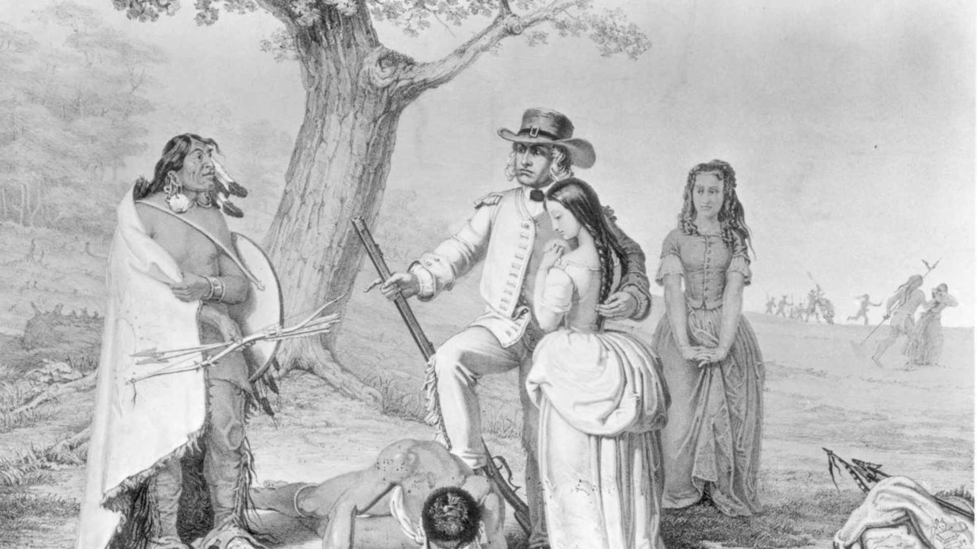 Daniel Boone rescuing his daughter Jemima from the Shawnee, after she and two other girls were abducted from near their settlement of Boonesboro, Kentucky. (Credit: MPI/Getty Images)