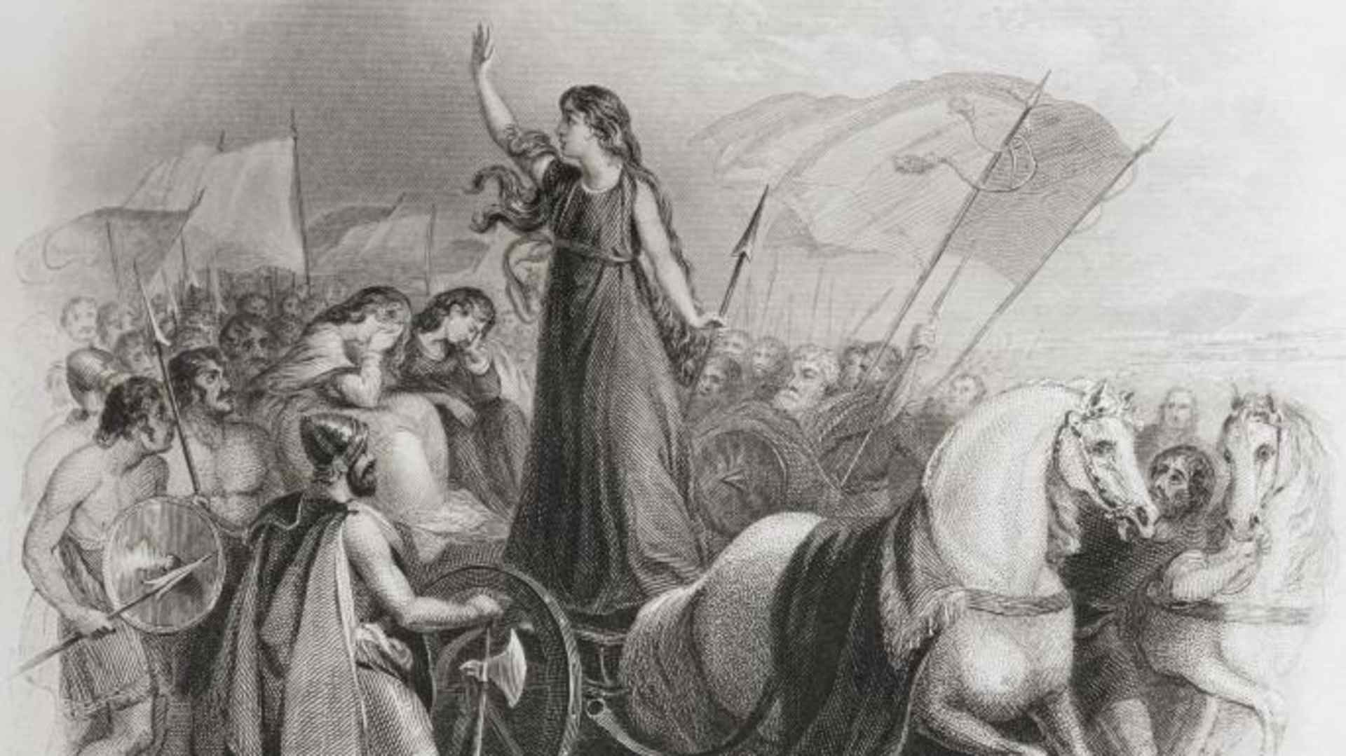 Drawing depicting Boudica on a chariot, barbarians