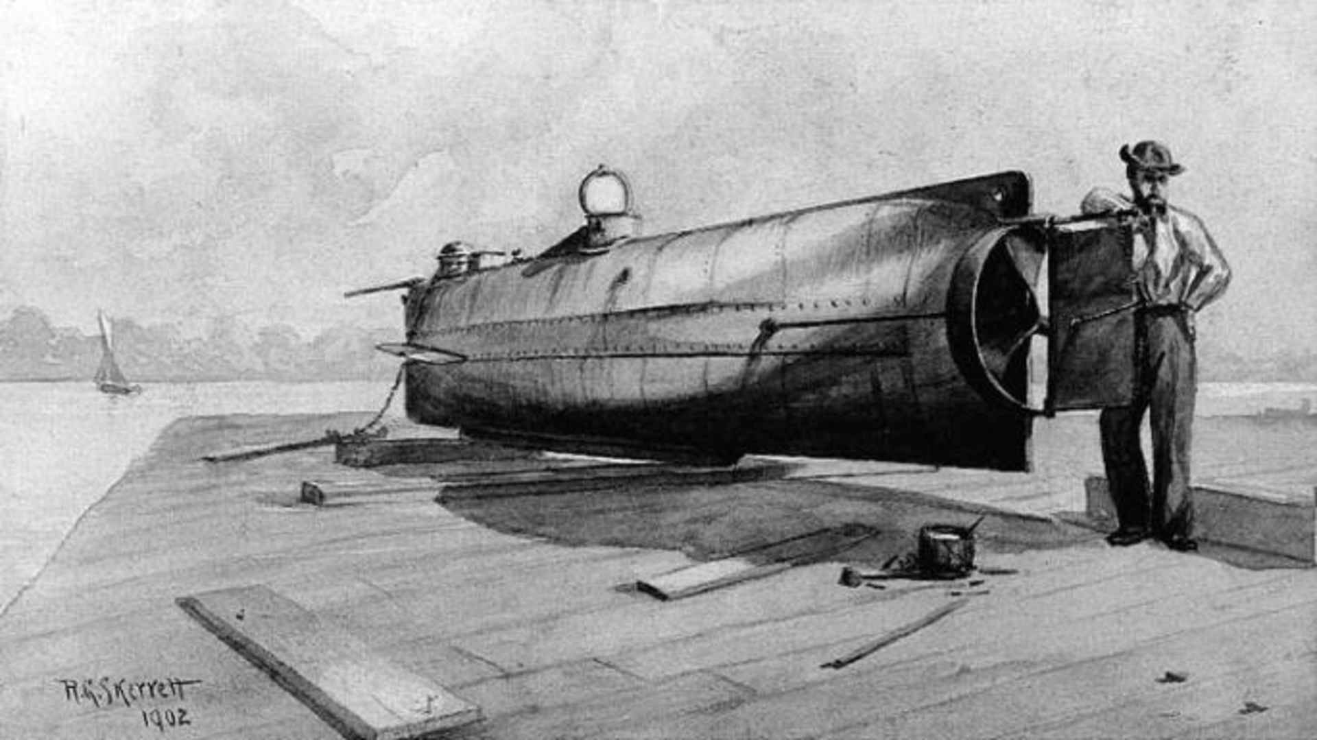 Drawing of Hunley on a pier. (Credit: Public Domain)