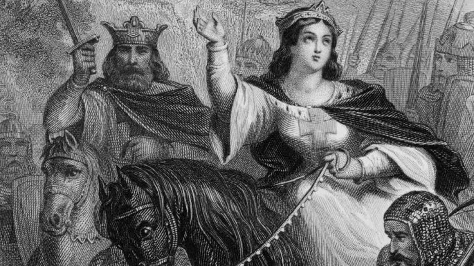 Eleanor of Aquitaine rides east with her husband, Louis VII.