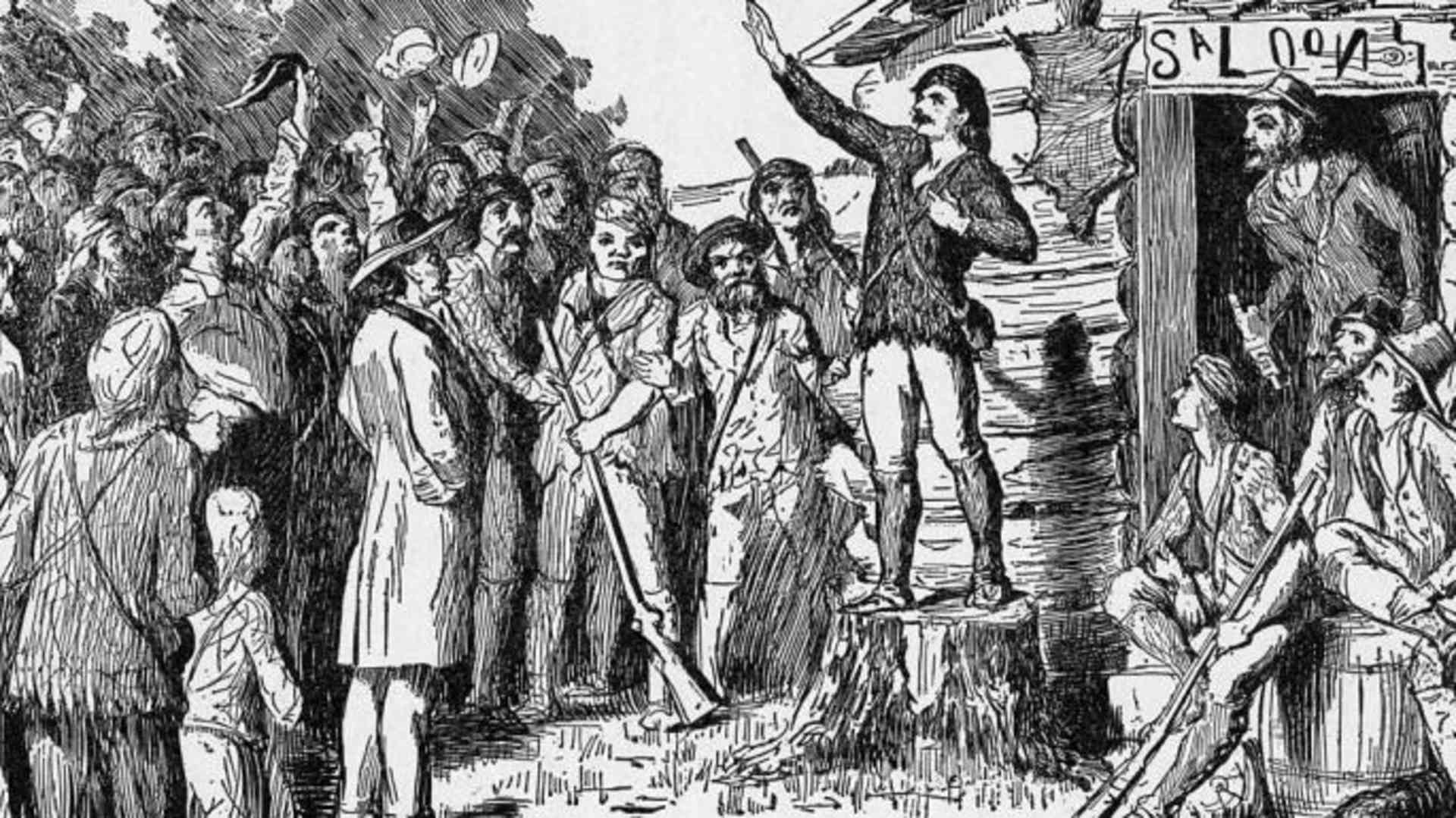 Etching of Davy Crockett campaigning for the U. S. House of Representatives in the Tennessee frontier.