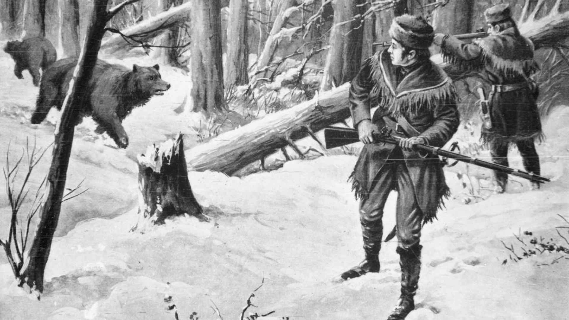 Frontiersman Lewis and Clark fighting off bears