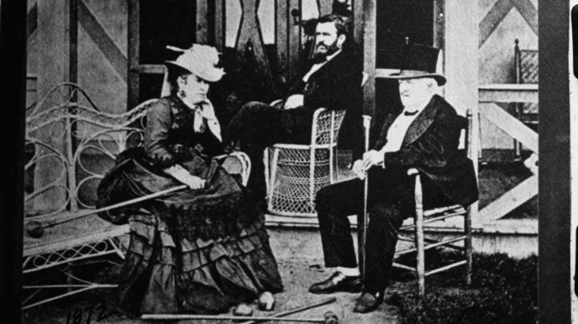General Ulysses S. Grant and his wife sit with General Dent on a porch in Long Branch, New Jersey. 1872. (Credit: Oscar White/Corbis/VCG/Getty Images)