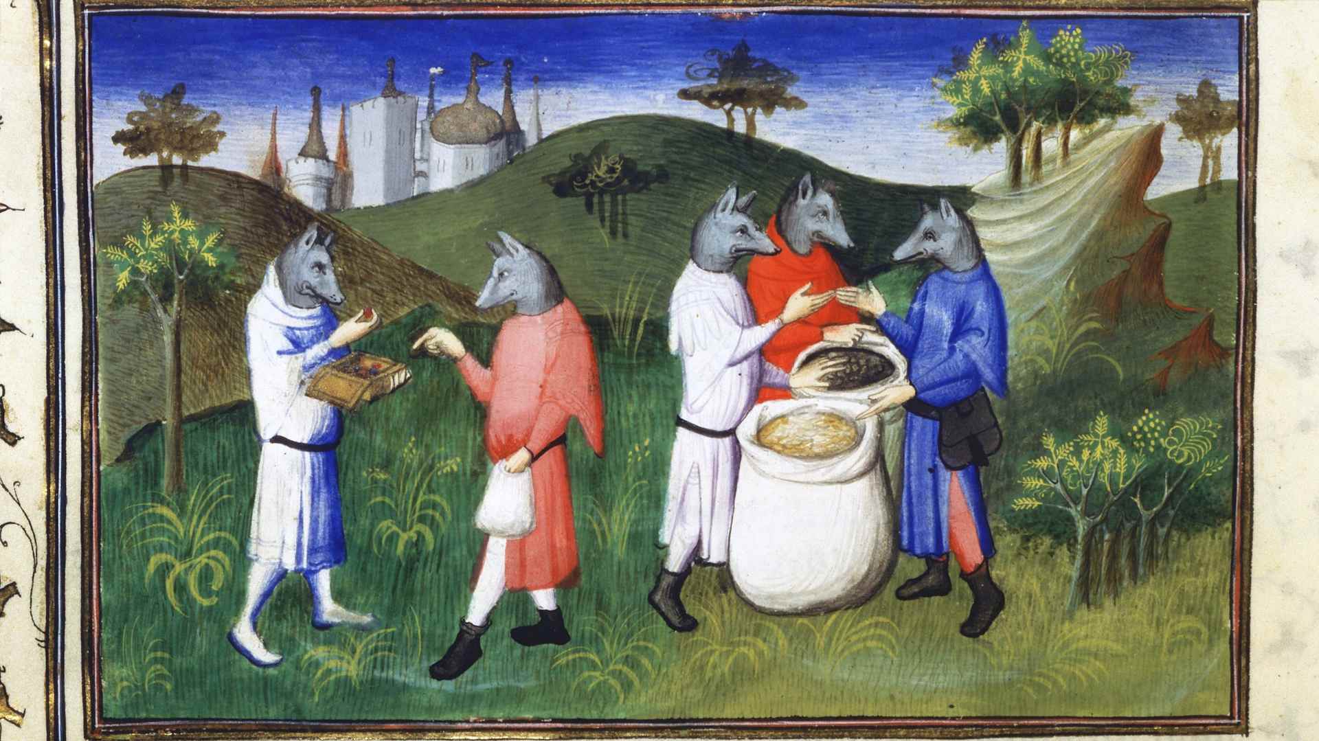 CIRCA 1754: Marco Polo (1254-1324) Venetian traveller. Dog-headed men from the Isle of Agaman, Gulf of Bengal. 'Book of Marvels'. Early 15th century manuscript illustrating Venetian traveller Marco Polo's accounts of dog-headed men from the Isle of Agaman, Gulf of Bengal.