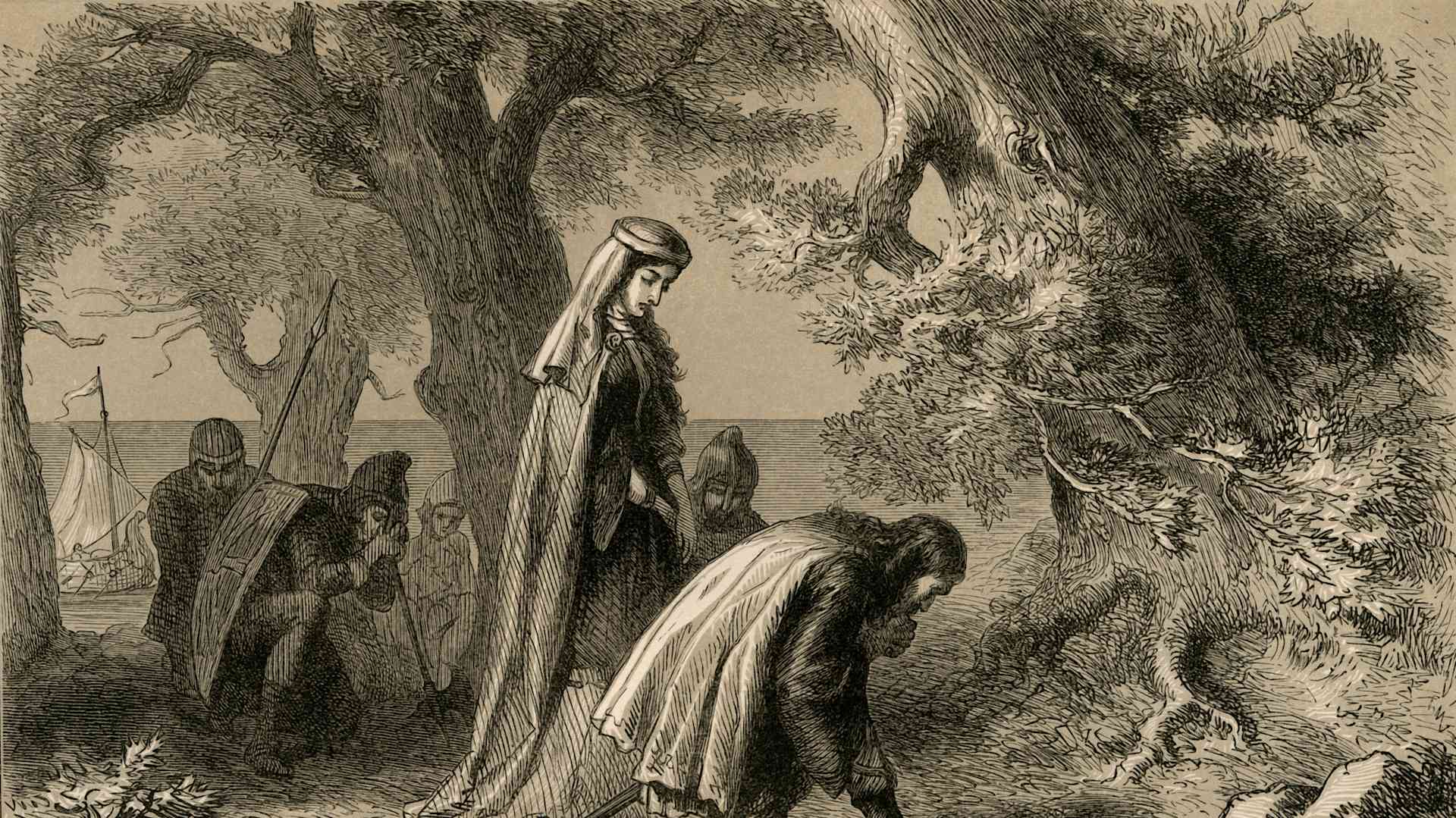'Thorfin and Gudrida on the Shore of Vineland,' 1877. Icelandic explorers Thorfinn Karlsefni and Gudrid Thorbjarnardottir led an expedition to Vinland (the area of coastal North America visited by Norse Vikings) in about 1010 A.D. Print by artist Albert Bobbett from "Our Country: a Household History for All Readers, from the Discovery of America to the Present Time", Volume 1, by Benson J. Lossing.