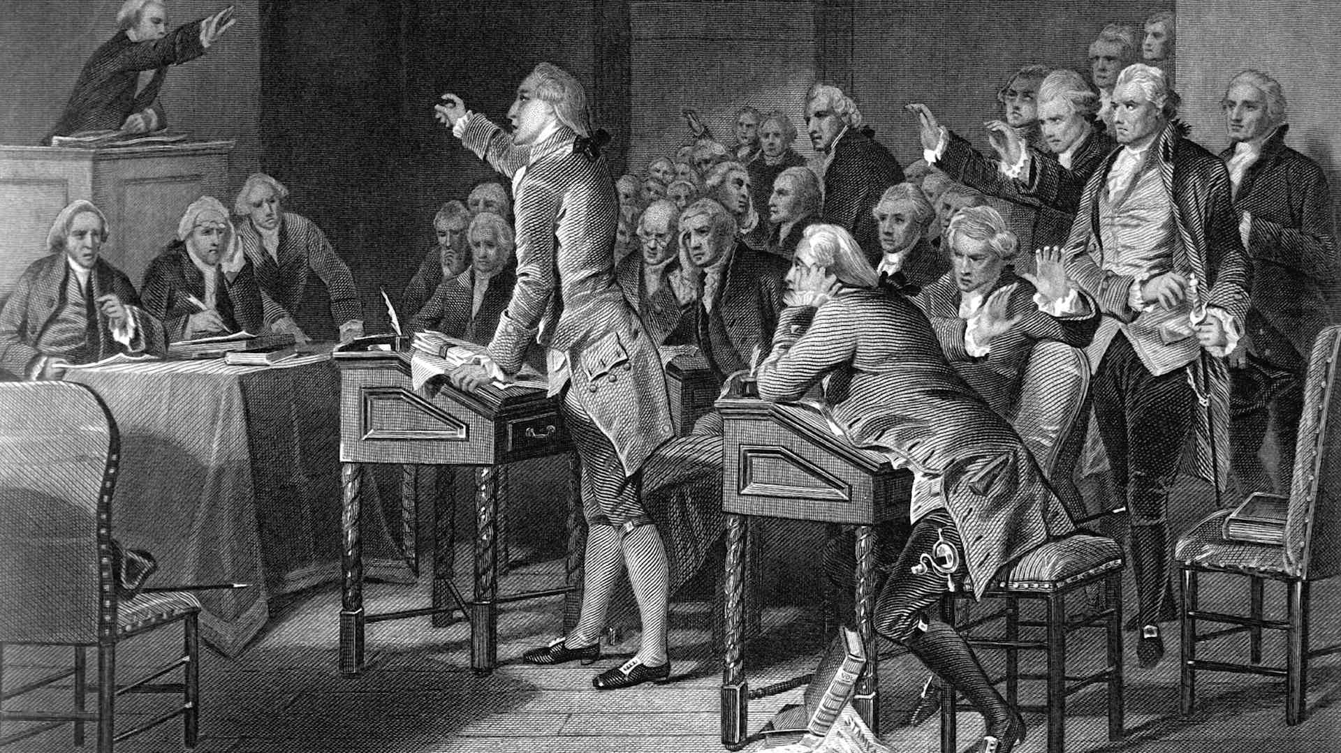 American patriot Patrick Henry (1736 - 1799), center with right arm raised, gives his famous 'Give me liberty, or give me death' speech in front of the Virginia Assembly, 1775. Engraving created from a painting by Alonzo Chappel.