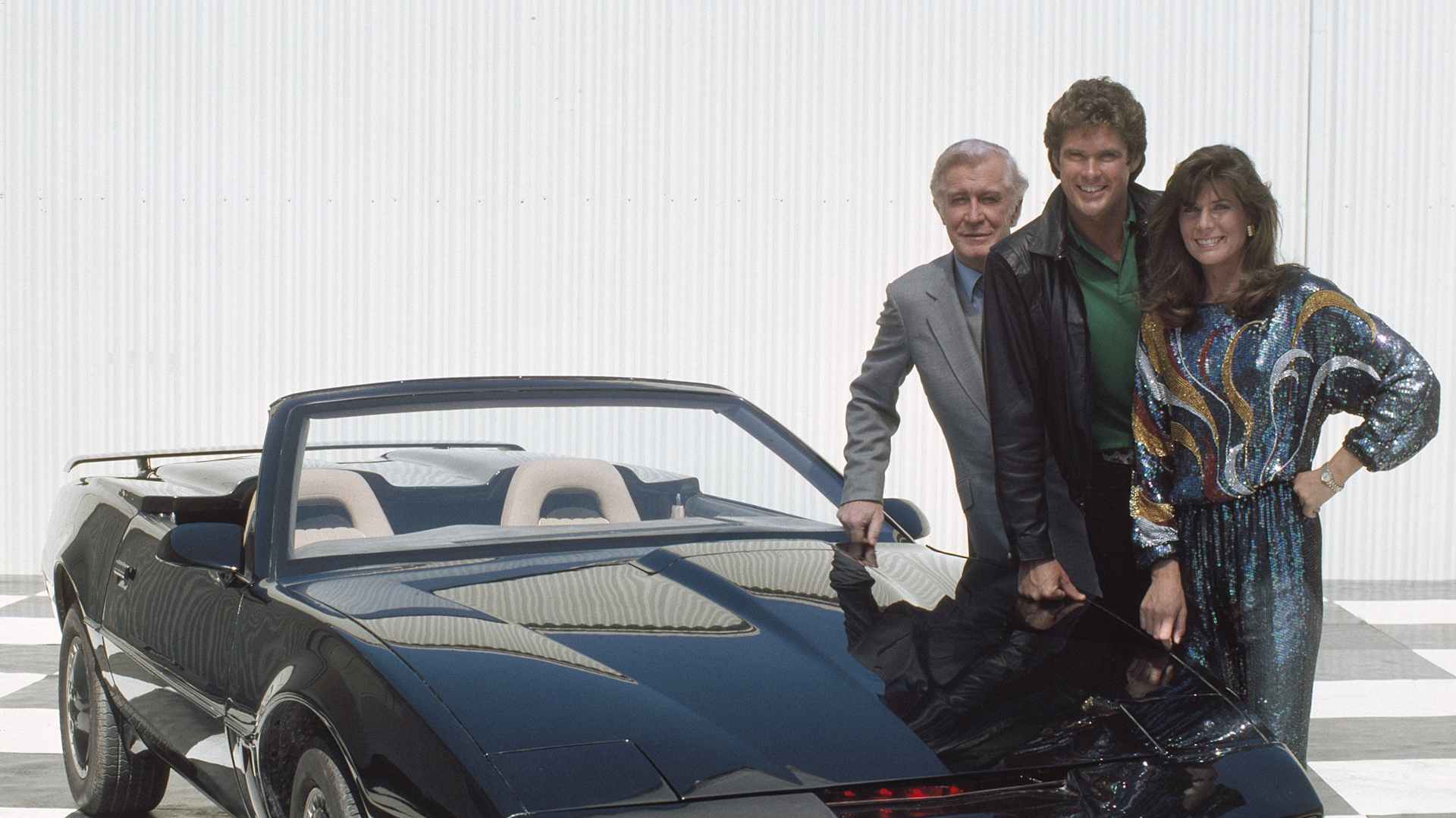 Actors Ed Mulhare, David Hasselhoff and Patricia McPherson of 'Knight RIder' with K.I.T.T.