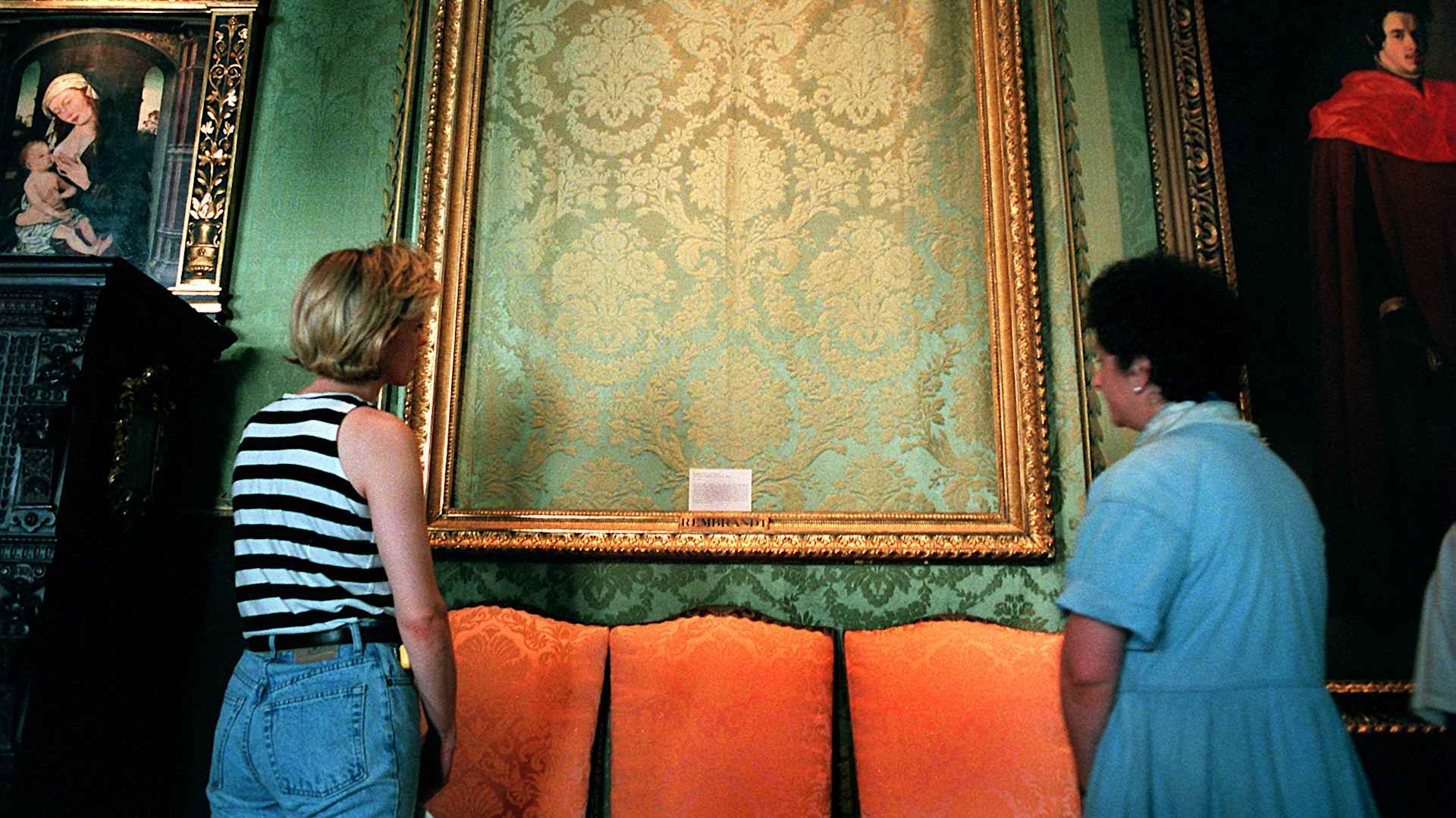 Visitors to the Isabella Stewart Gardner Museum in Boston now can only view a framed section of fabric wall where Rembrandt van Rijn's 'The Storm on the Sea of Galilee' used to hang. It was one of 13 paintings stolen in a mysterious heist that remains unsolved.