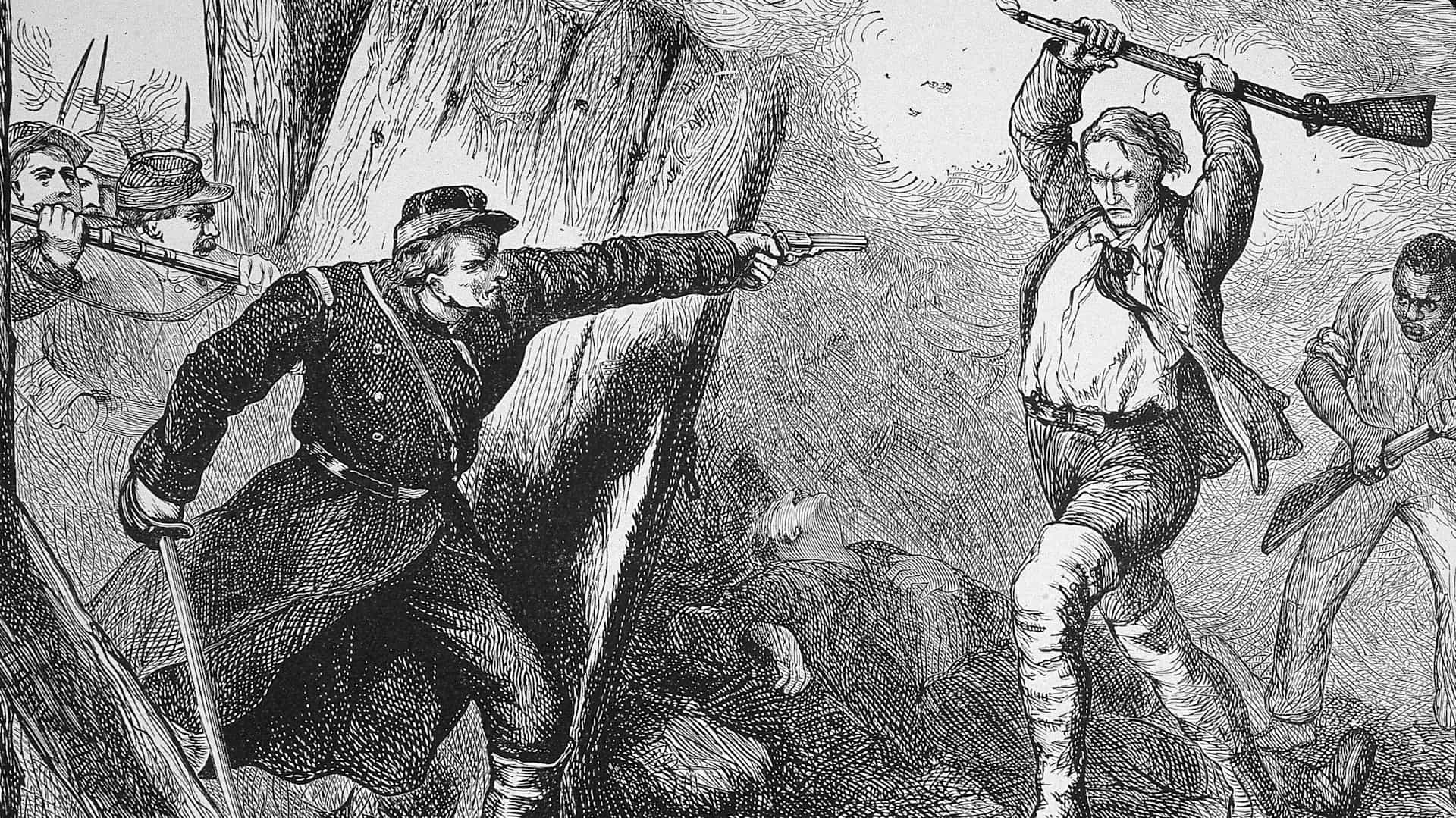 Illustration of abolitionist John Brown leading a raid on Confederate arsenal at Harper's Ferry, Virginia, 1859.