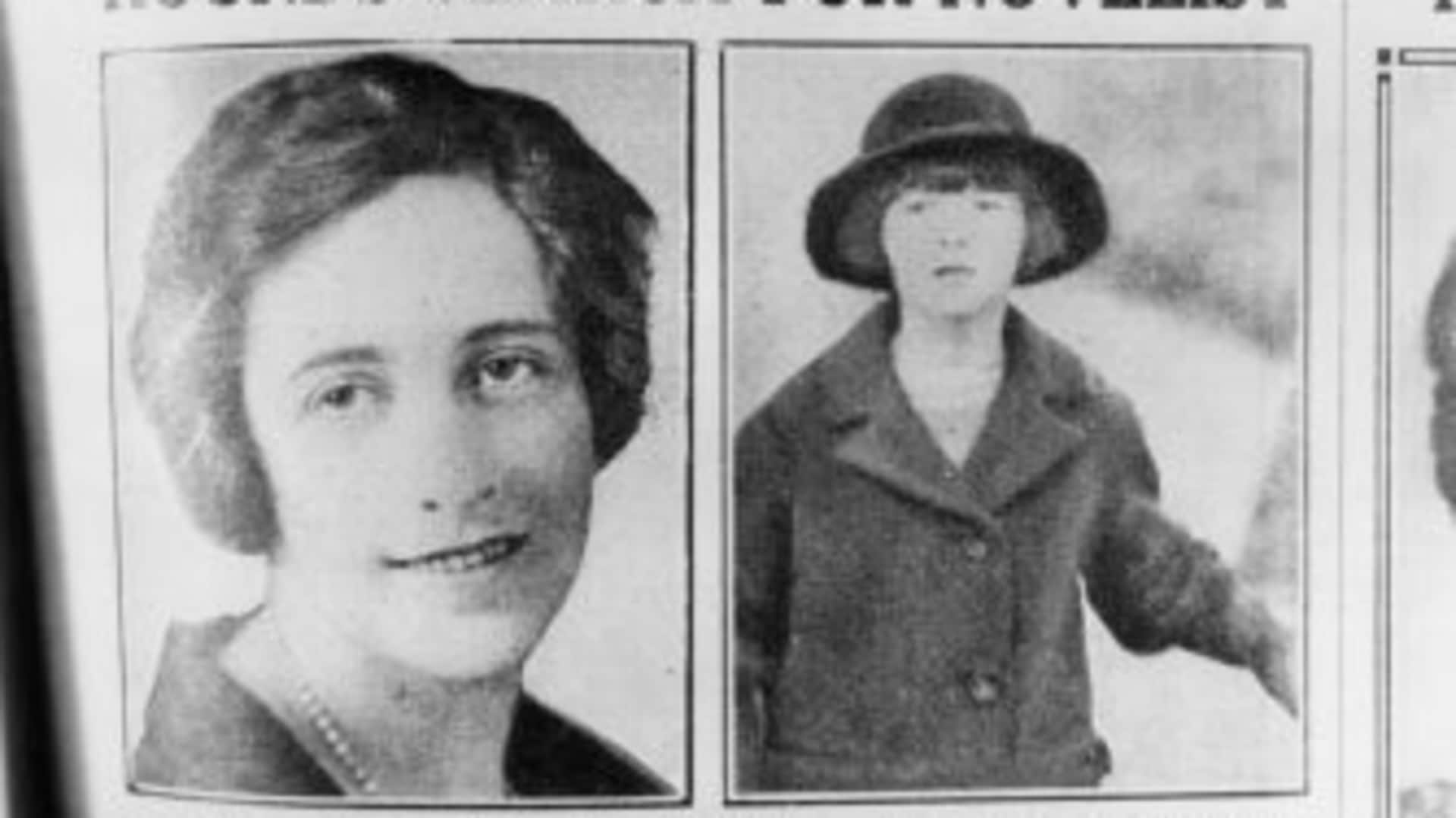 English crime writer Agatha Christie and her daughter, Rosalind, (right), are featured in a newspaper article reporting the mysterious disappearance of the novelist.