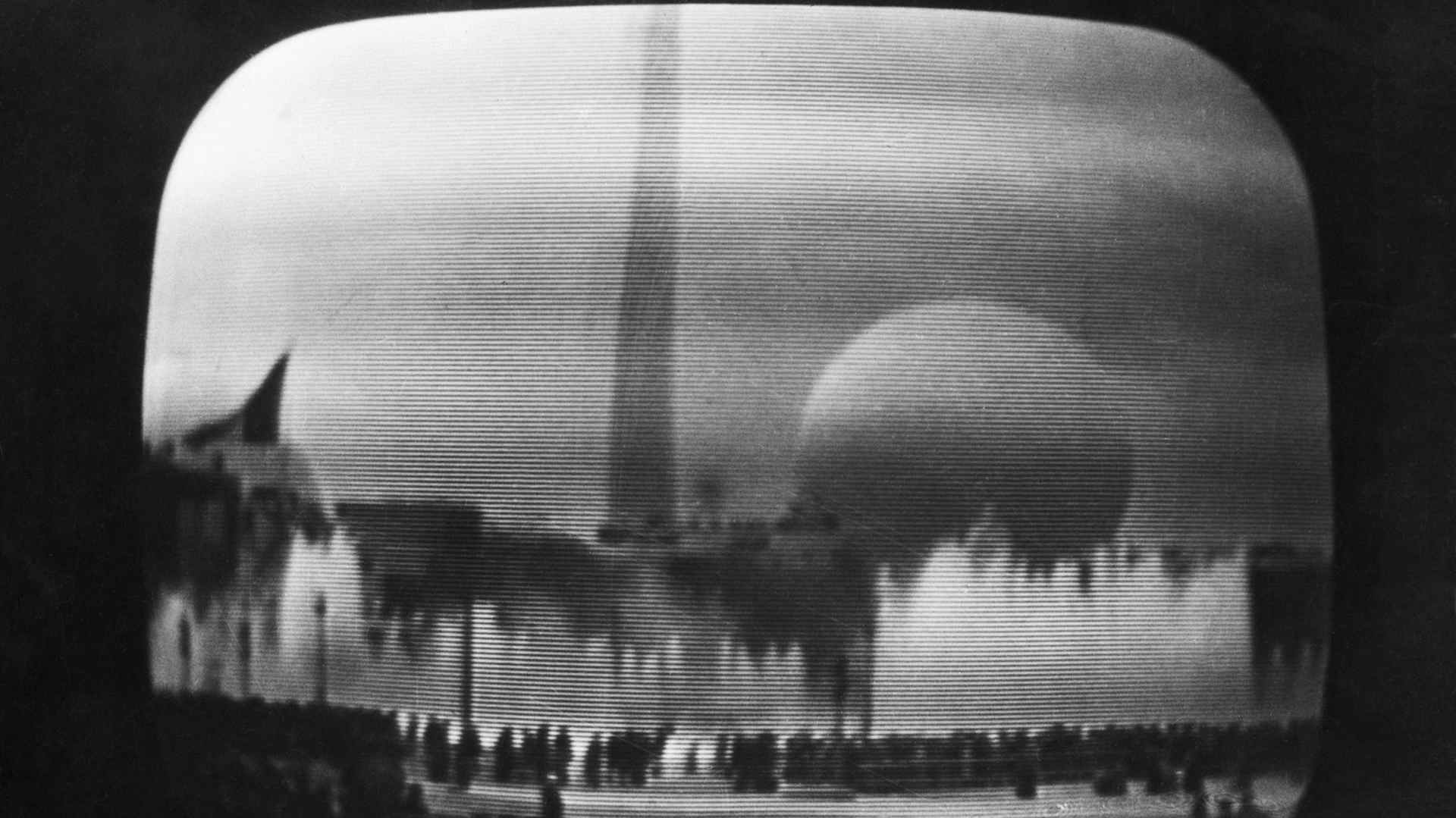 April 30, 1939, New York City: This is the scene viewed on the television receivers in the metropolitan area, as the National Broadcasting Company inaugurated the first regular television service to the American public telecasting the ceremonies marking the opening of the New York World's Fair. Later, viewers heard and saw President Roosevelt proclaim the fair open.