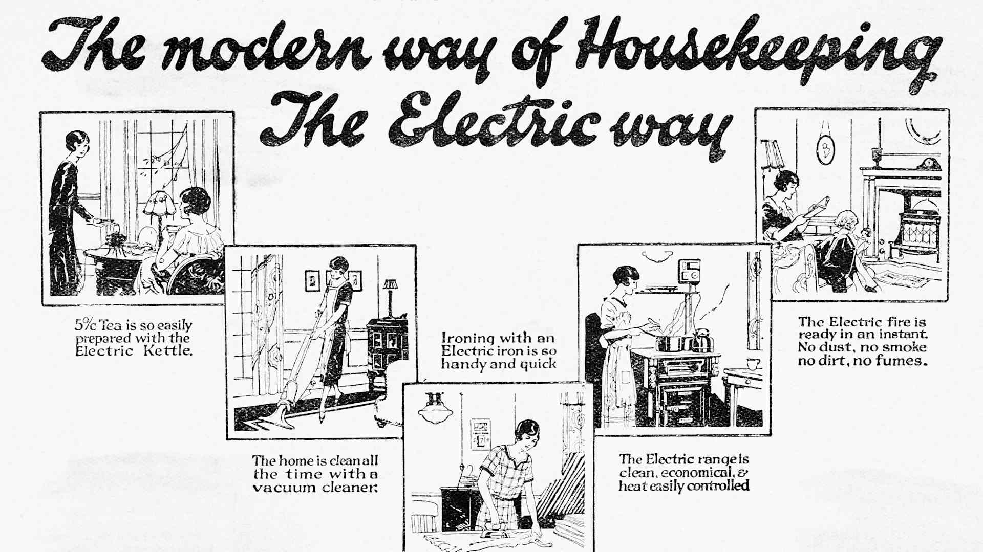 Vignettes depicting the modern way of housekeeping, the electric way. Undated illustration.