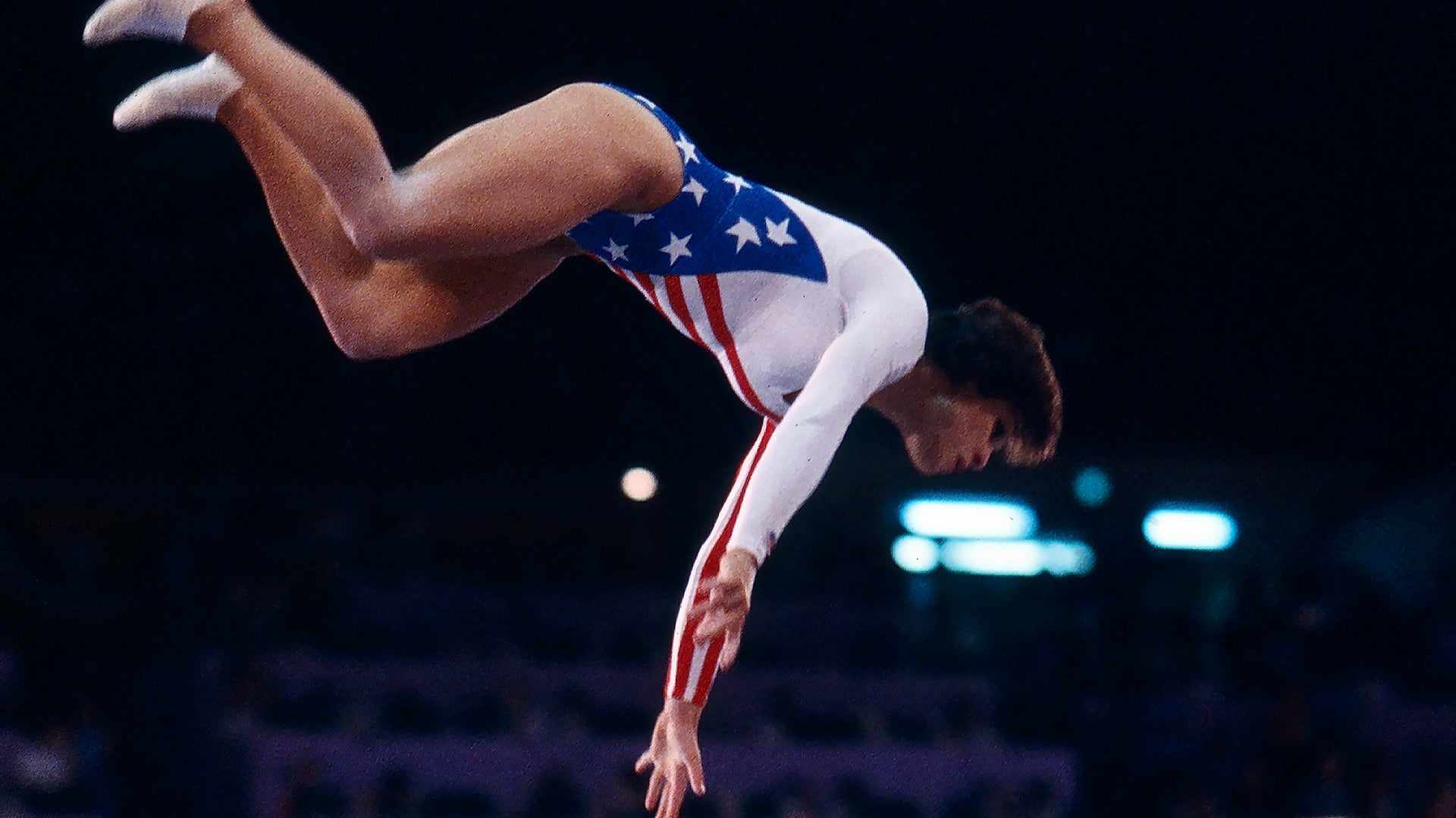 Mary Lou Retton is airborne during the women's vault competition, at the 1984 Summer Olympics, August 1, 1984.