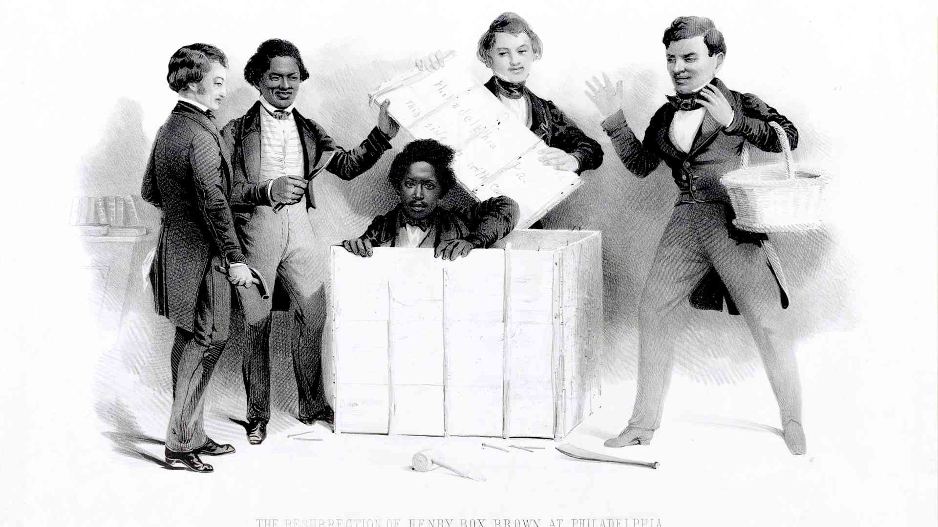 A somewhat comic yet sympathetic portrayal of the culminating episode in the flight of slave Henry Brown 'who escaped from Richmond Va. in a Box 3 feet long, 2-1/2 ft. deep and 2 ft. wide.' In the office of the Pennsylvania Anti-Slavery Society.