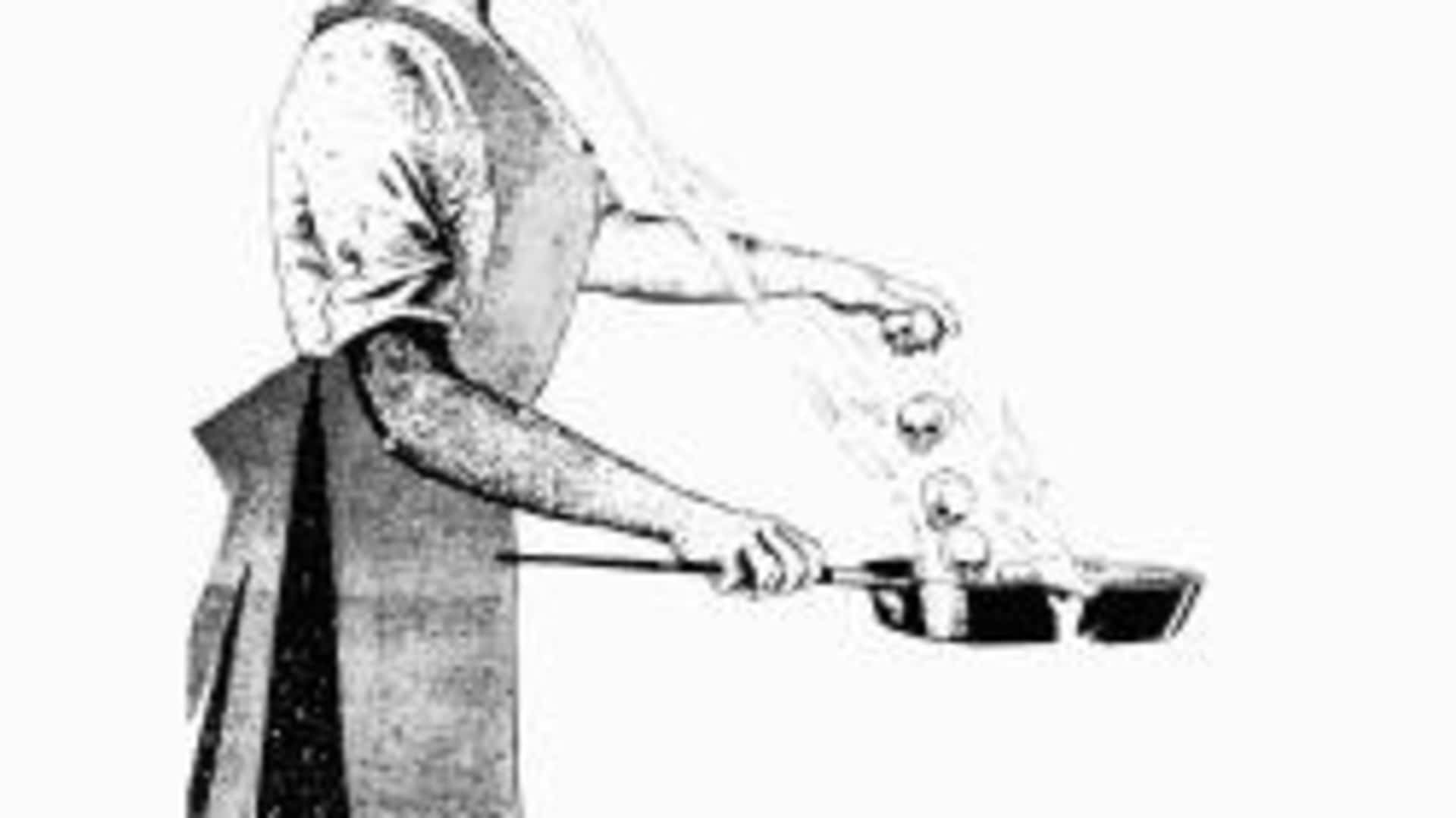 Illustration of Typhoid Mary breaking skulls into a skillet, circa 1909. (Credit: Fotosearch/Getty Images)