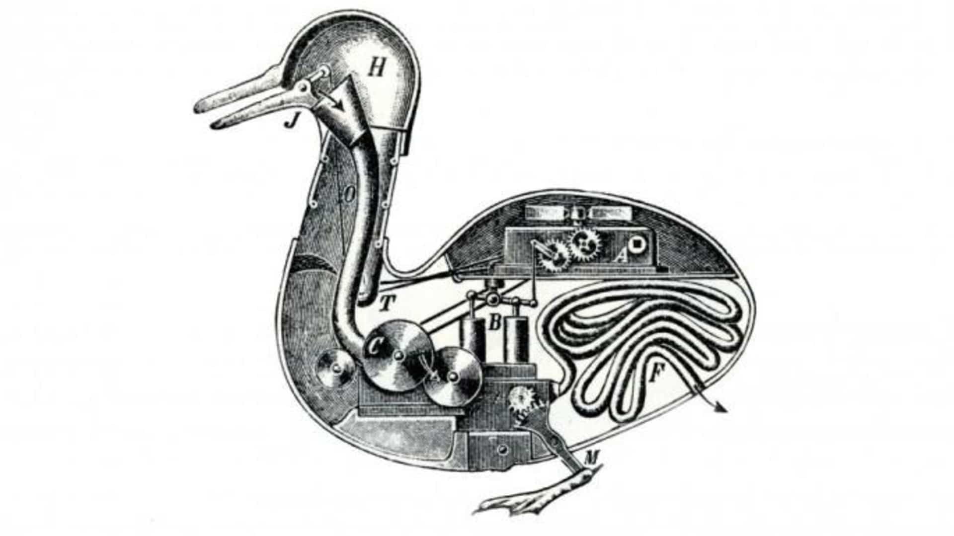 Jacques de Vaucanson's mechanical duck, which picked up grain, digested and expelled it.