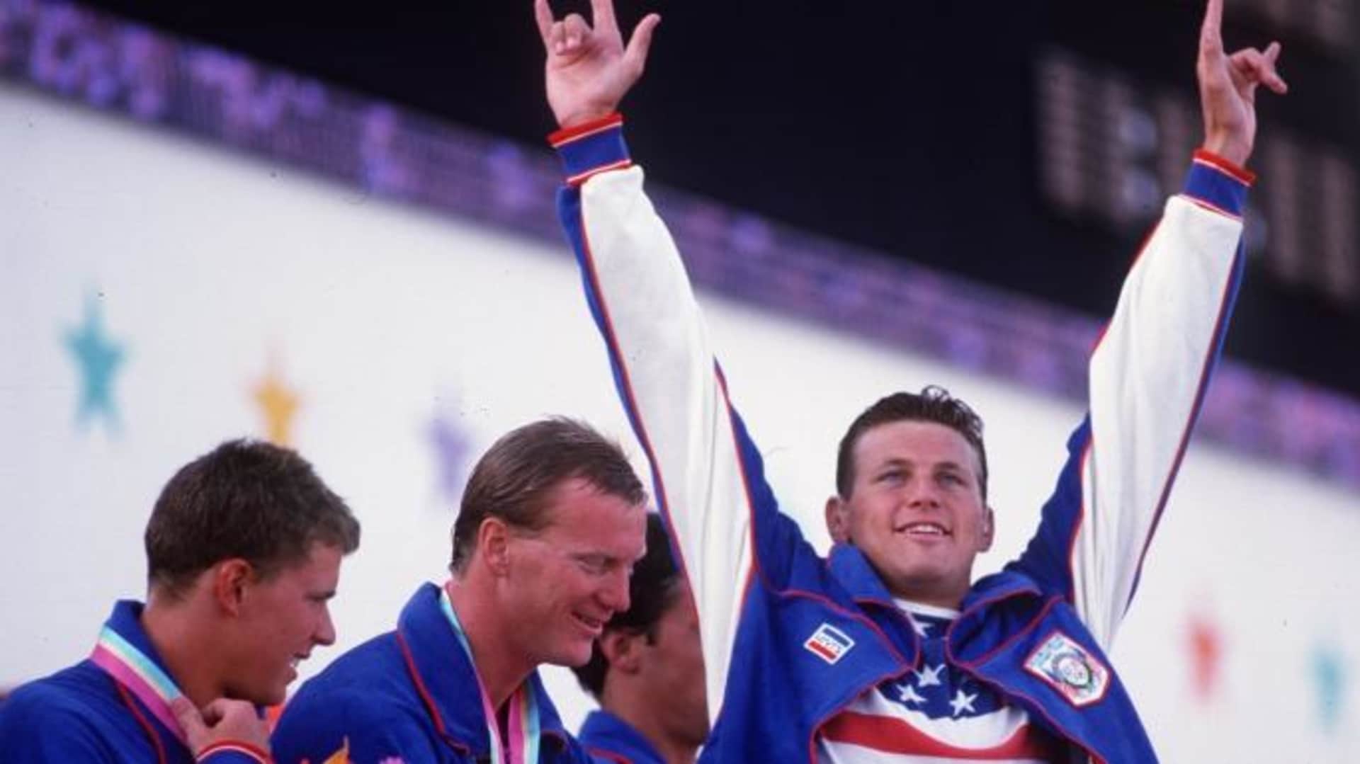 Jeff Float (right) and the American 800 meter freestyle relay team receive the gold medal at the 1984 Olympics. (Credit: Con Keyes/Los Angeles Times via Getty Images)