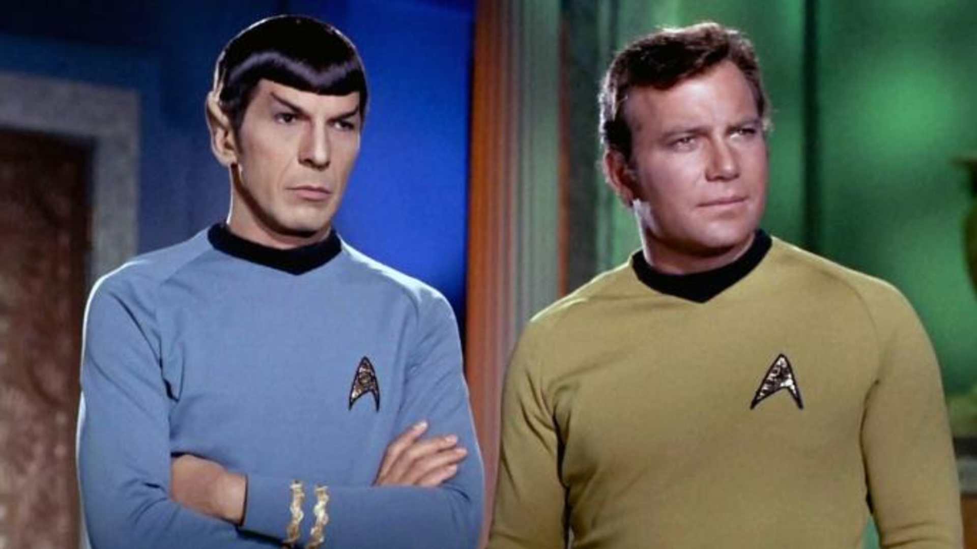Leonard Nimoy as Mr. Spock and William Shatner as Captain James T. Kirk.