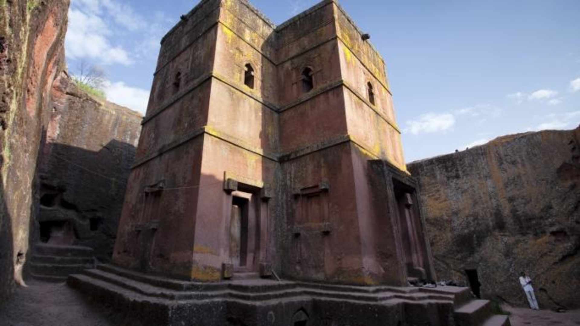 Low angle view of the orthodox rock-hewn church of Saint George, Lalibela. Lalibela is a UNESCO World Heritage Site. (Credit: Santiago Urquijo/Getty Images)