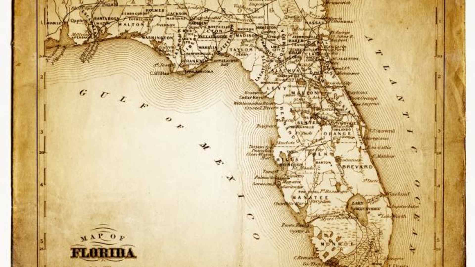 Map of florida, Mexican Gulf and Atlantic Ocean. (Credit: THEPALMER/Getty Images)