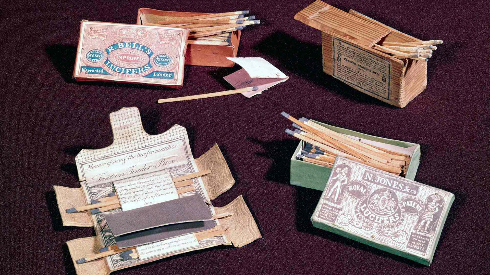 Lucifer matches were a straight copy of John Walker's original friction lights of 1826-7. The next development in 1832 was the 'Congreve' which contained yellow phosphorus. The items are from the Bryant and May collection of fire-making at the Science Museum, London.
