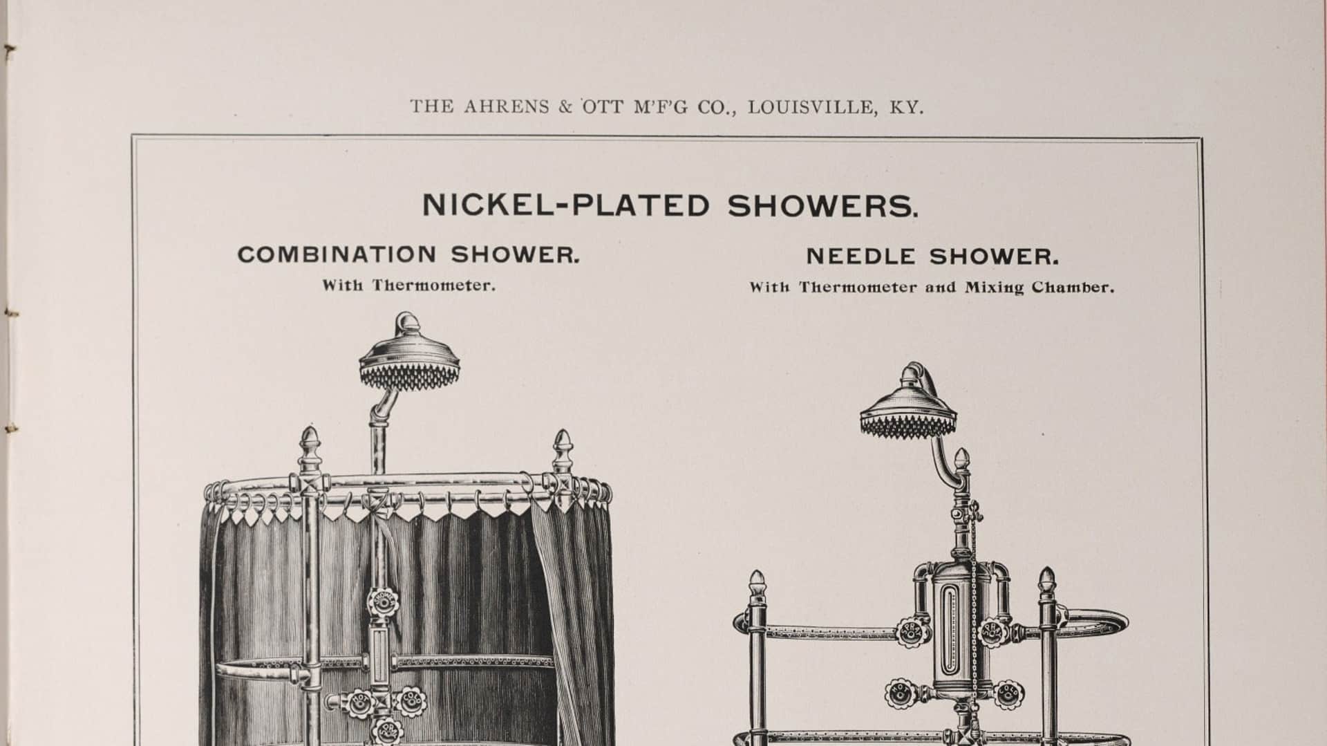 A needle shower, as seen in an Ahrens & Ott Manufacturing Co. catalog in 1896.