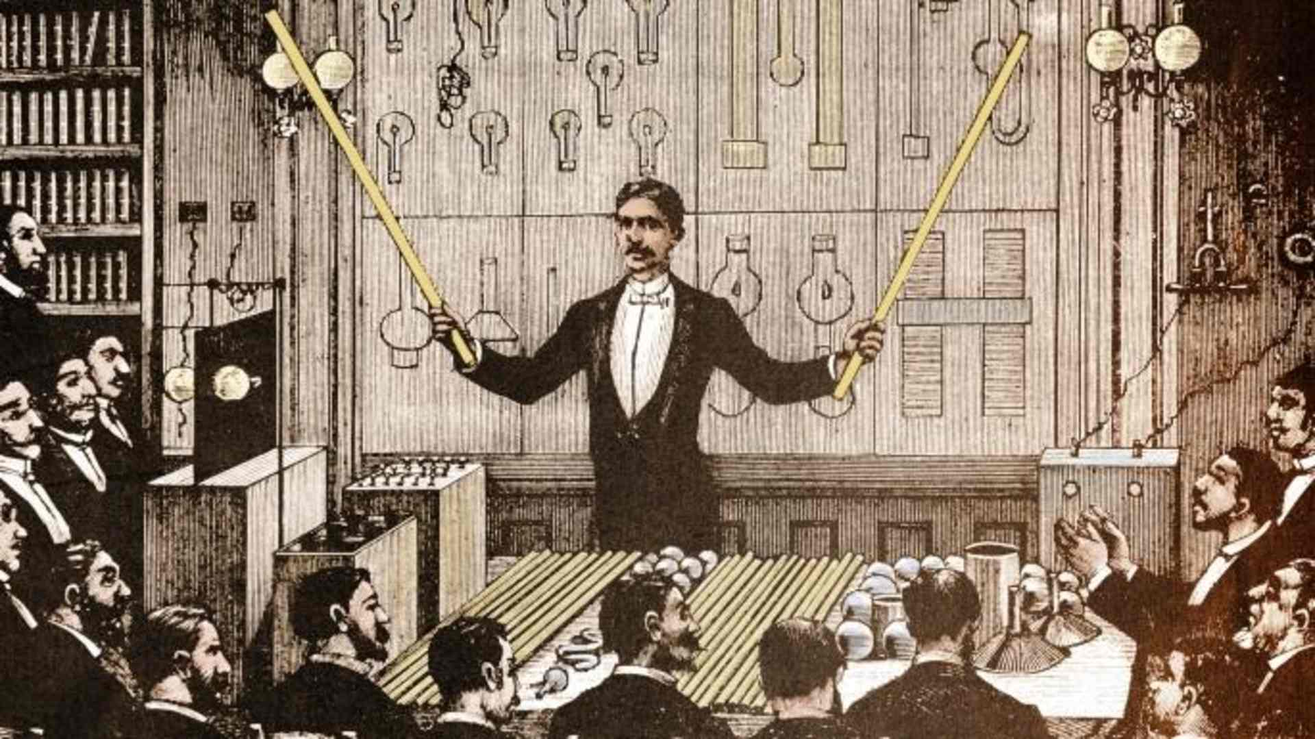 Nikola Tesla demonstrating alternating current electricity.