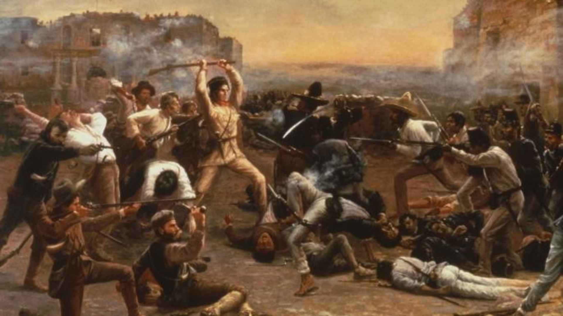 Painting of Davy Crockett (center) and the other defenders of the Alamo.