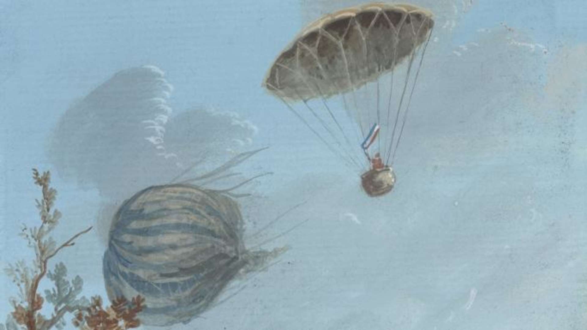 Painting shows descent of Andre-Jacques Garnerin in a basket attached to a parachute from about 1000 meters while the unmanned balloon falls to the ground. (Credit: VCG Wilson/Corbis/Getty Images)