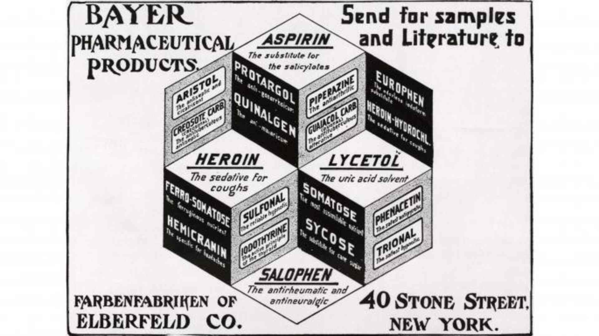 Pharmaceutical advertisement from a 1900 magazine, promoting the use of heroin for a cough. (Credit: Bettmann/Getty Images)