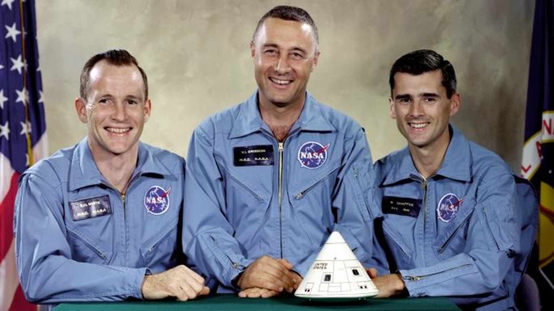 Portrait of the Apollo 1 prime crew for first manned Apollo space flight. From left to right are: Edward H. White II, Virgil I. "Gus" Grissom, and Roger B. Chaffee. (Credit: NASA)