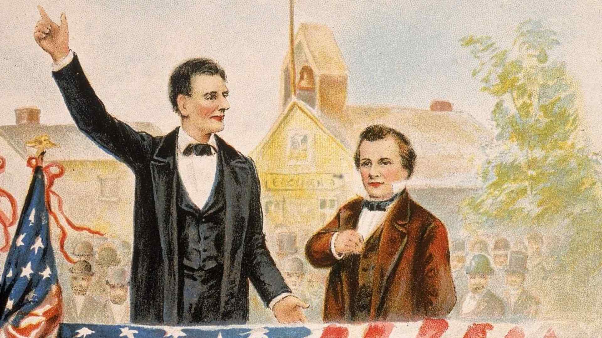 Presidential candidate Abraham Lincoln debating his opponent Steven Douglas in front of a crowd, circa 1858.
