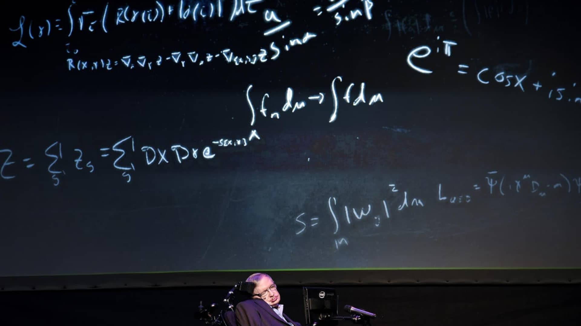 Professor Stephen Hawking giving a lecture entitled: "A Brief History of Mine" during the Starmus Festival on the Spanish Canary island of Tenerife on June 29, 2016. (Credit: Desiree Martin/AFP/Getty Images)
