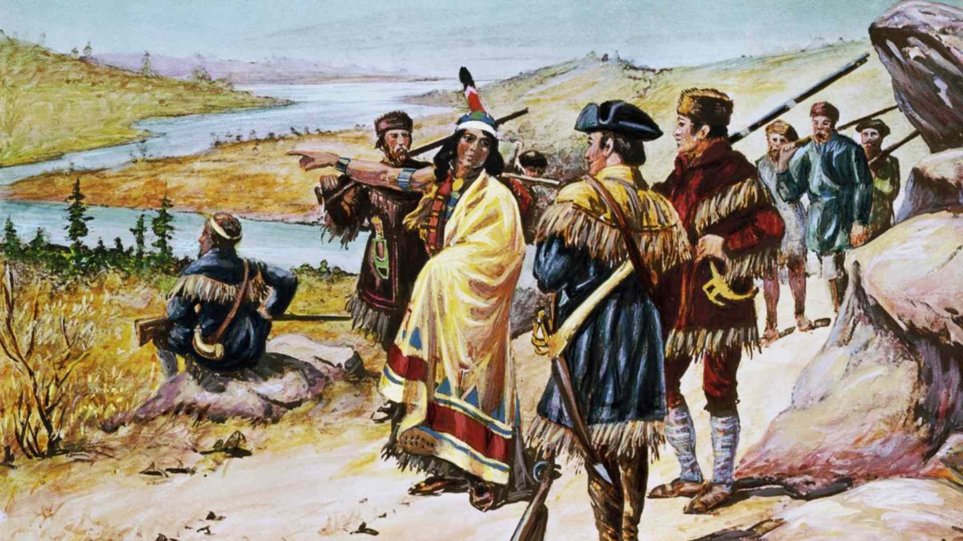 Sacajawea guiding Lewis and Clark from Mandan through the Rocky Mountains. (Credit: Bettmann Archives/Getty Images)