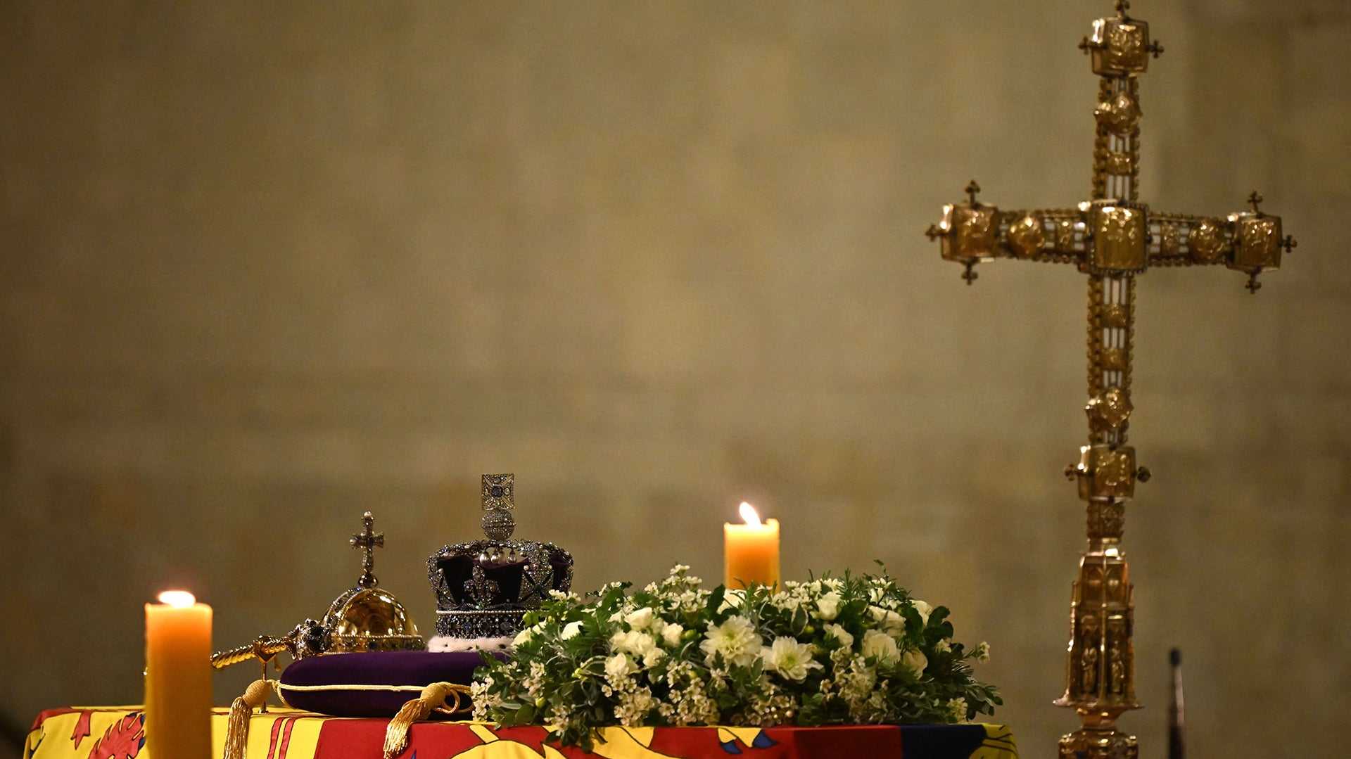 The Sovereign's sceptre, as seen with the coffin of Queen Elizabeth II inside Westminster Hall on September 14, 2022.