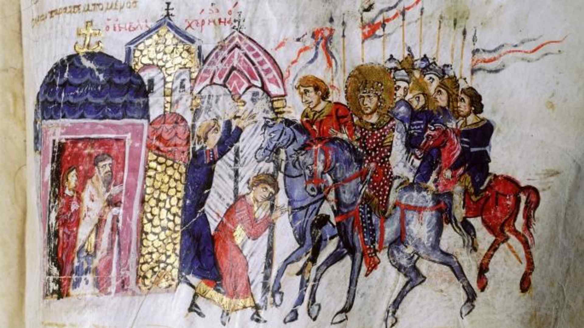 Scylitzes chronicle, Folio 43v. Theophilus with his bodyguard outside the church of Blachernae, dispensing justice to a widow who has approached him with a complaint. Two priests look on from the church door.