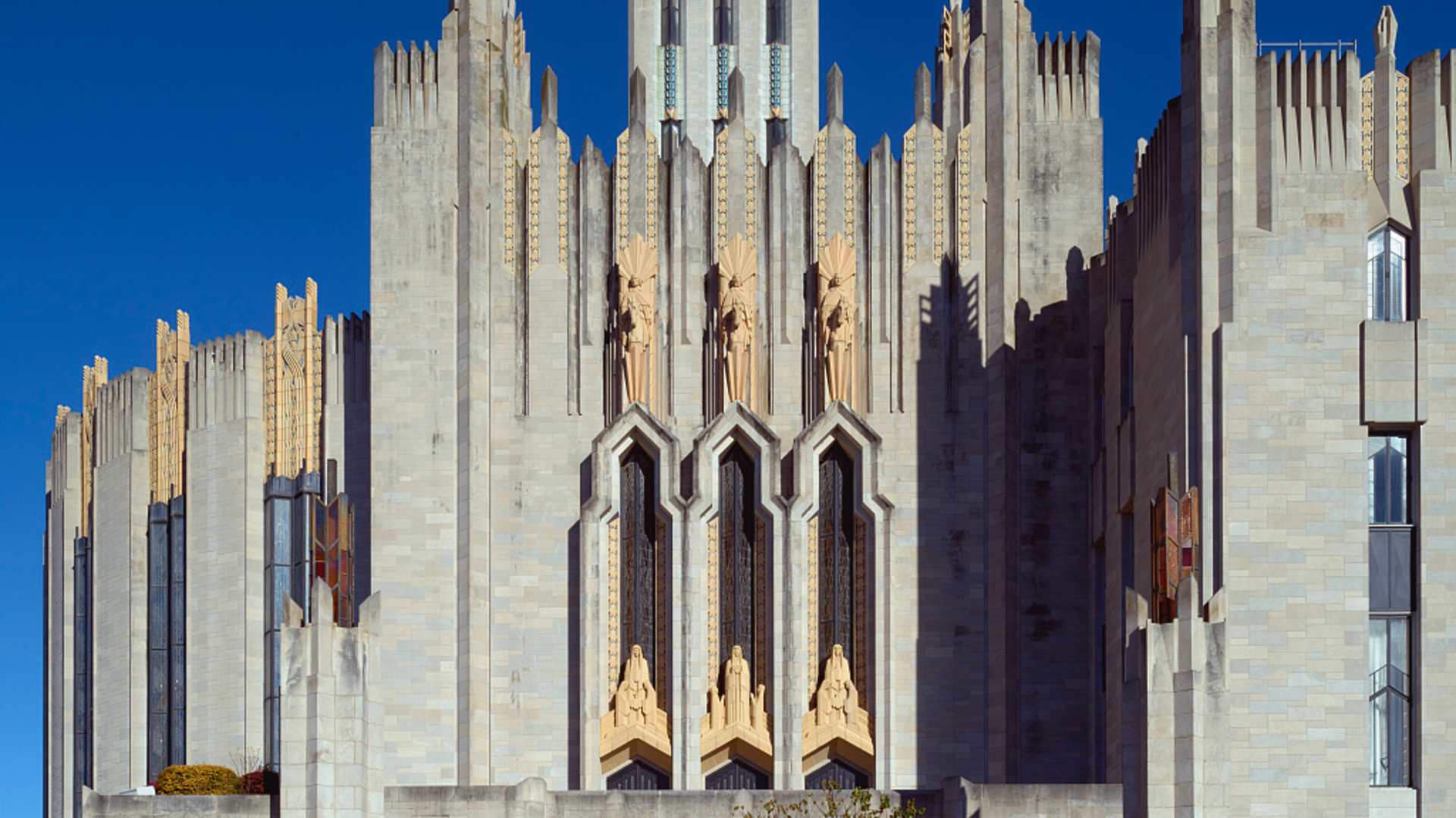 Ornate Art Deco architectural details of Boston Avenue United Methodist Church in Tulsa, Oklahoma, known for its dramatic, landmark design.
