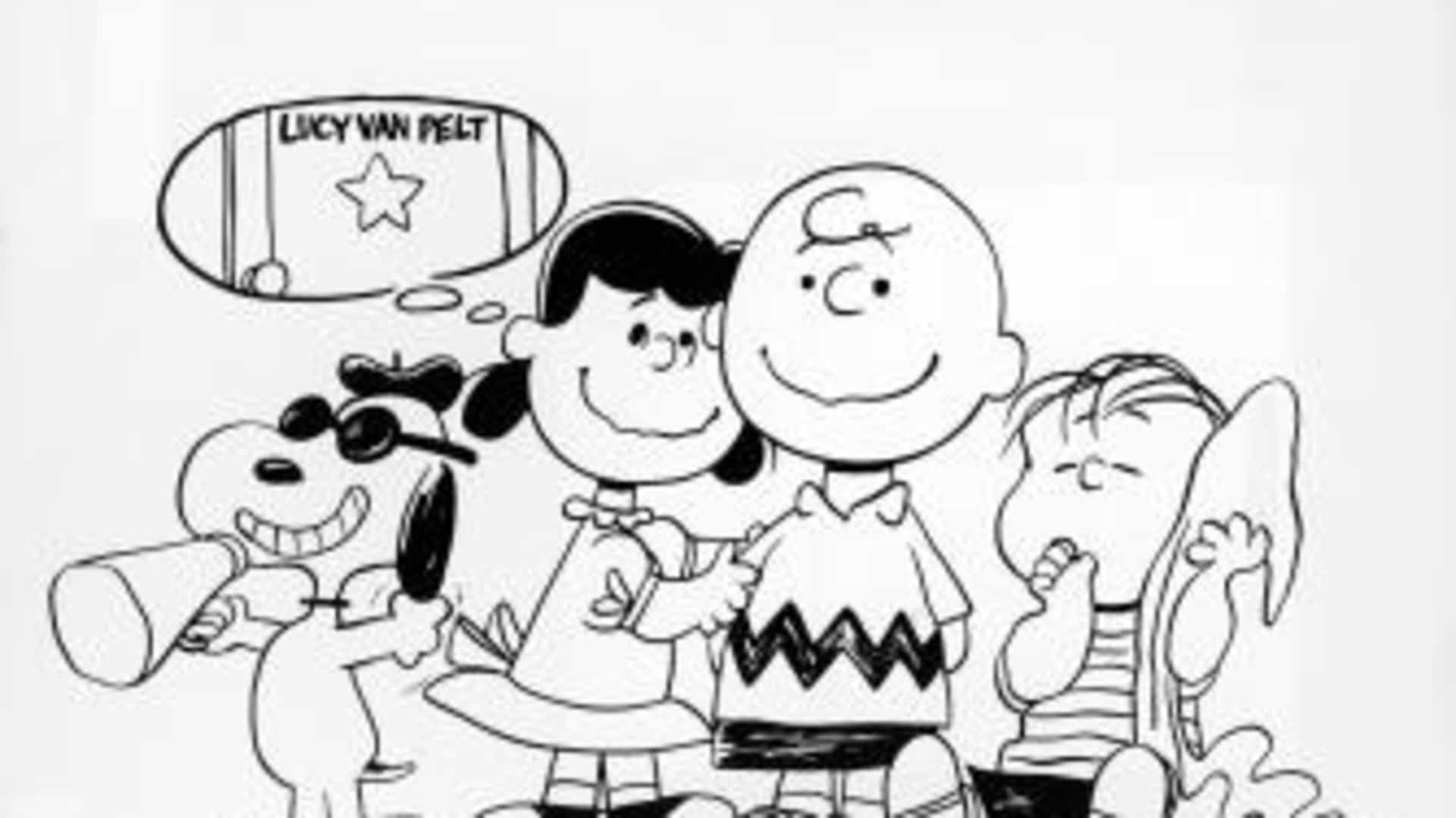 Snoopy, Lucy. Charlie Brown, and Linus stand in a line in a drawing from the Charles Schultz, 1968. (Credit: Fotos International/Getty Images)