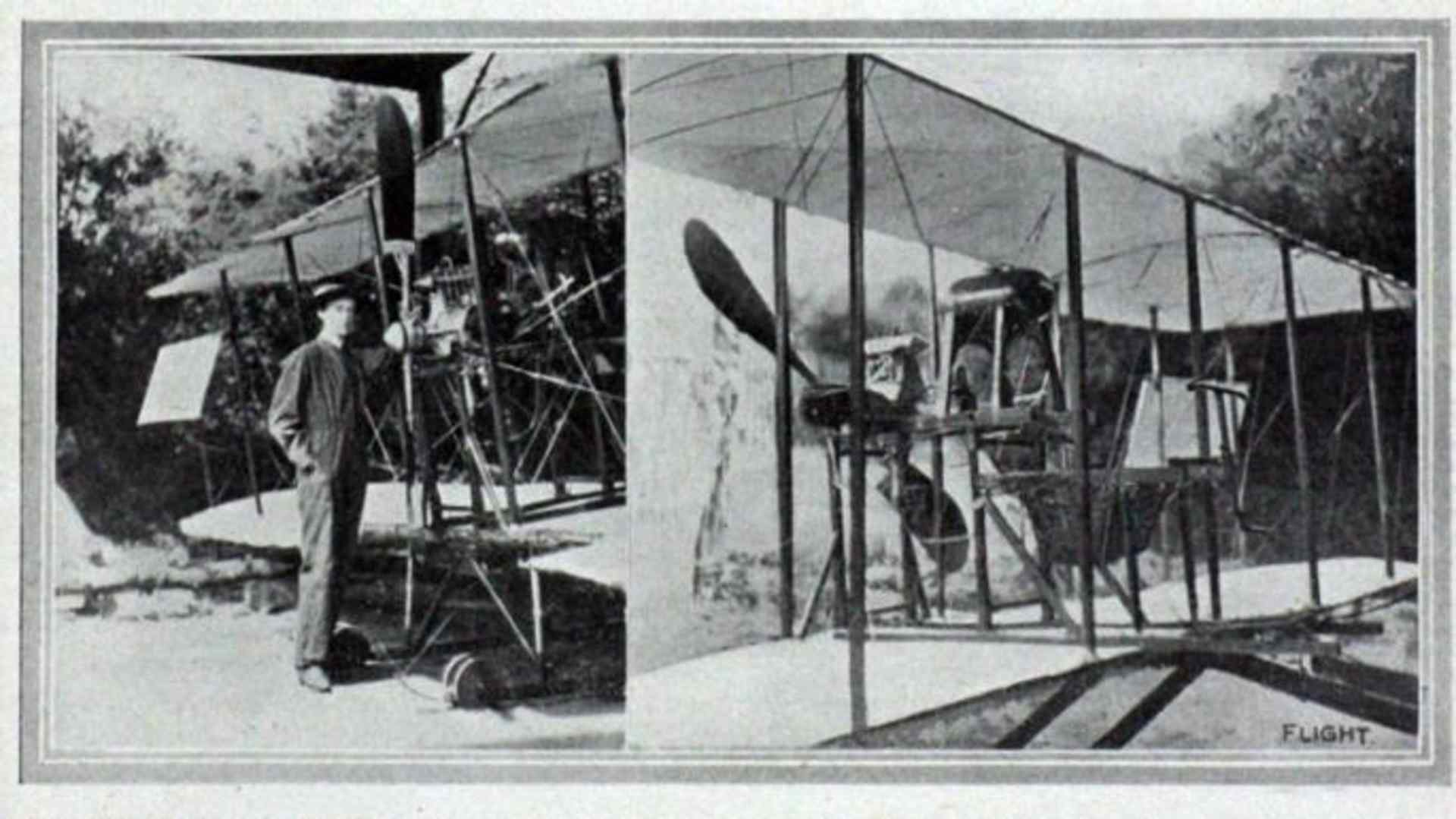 Sports journalist, photographer and aviatrix Lilian Bland with the "Mayfly," a biplane glider of her own design.