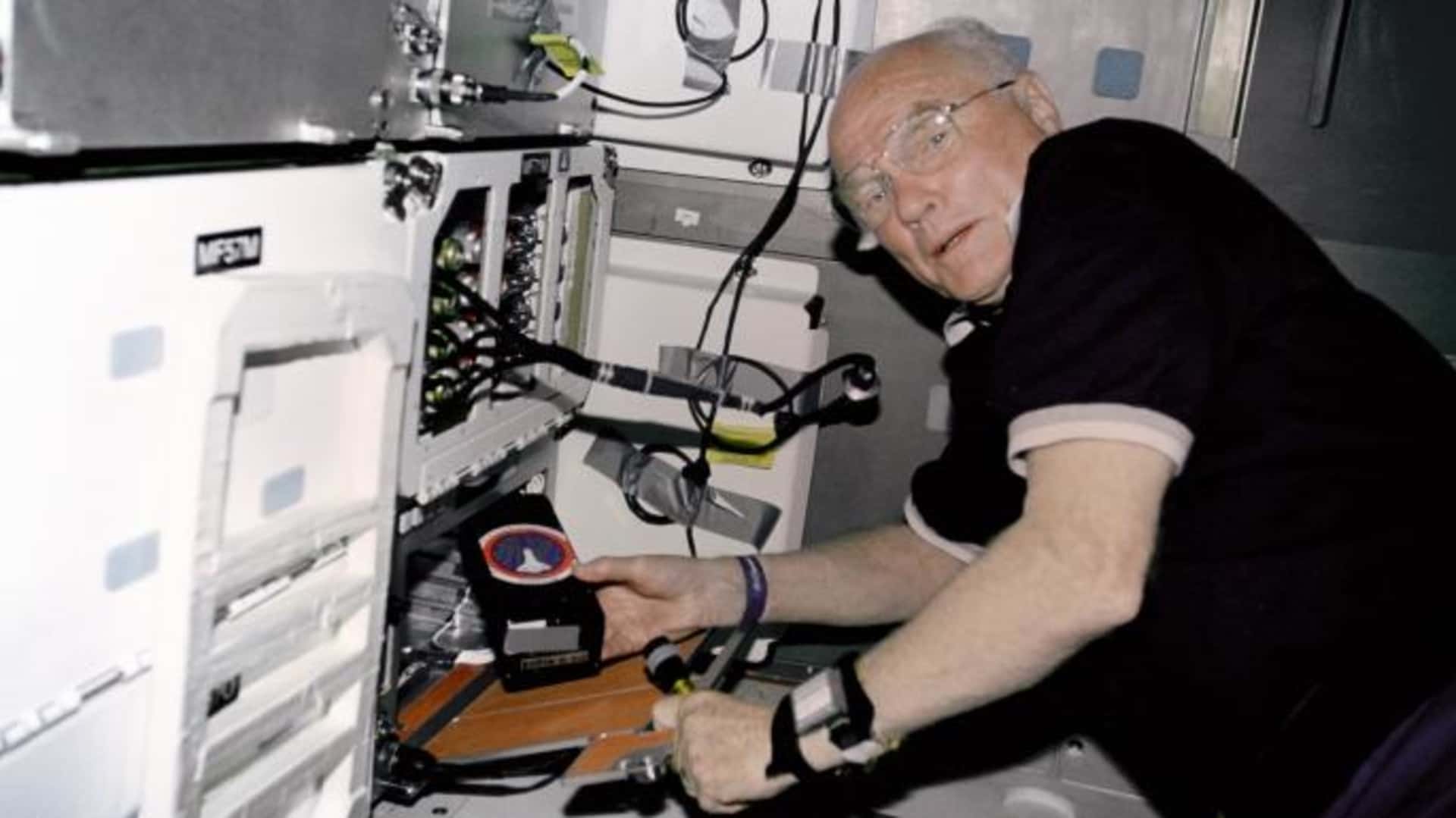 STS-95 payload specialist John Glenn aboard the space shuttle Discovery in November 1998. (Credit: NASA)