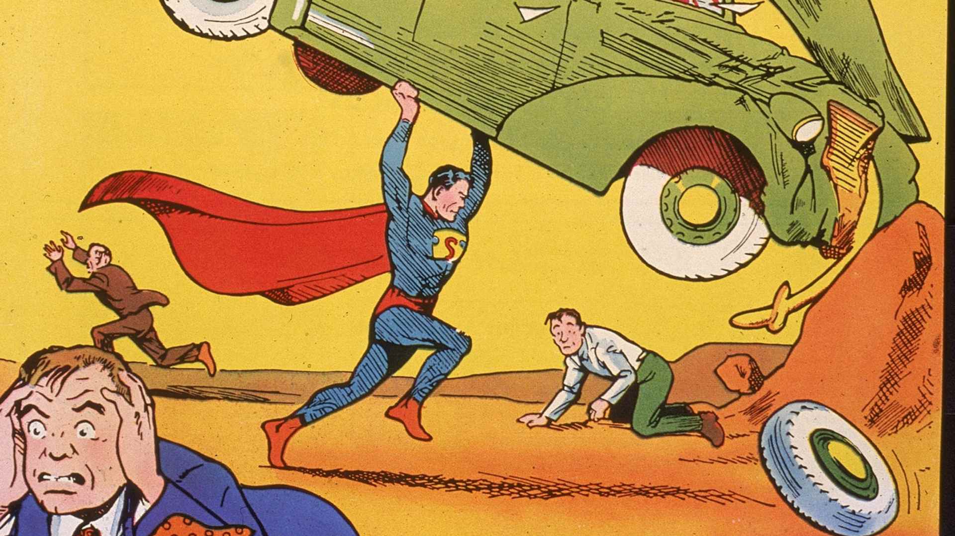 Action Comics No. 1 Introducing SupermanCover illustration of the comic book Action Comics No. 1 featuring the first appearance of the character Superman (here lifting a car) June 1938. (Photo by Hulton Archive/Getty Images)