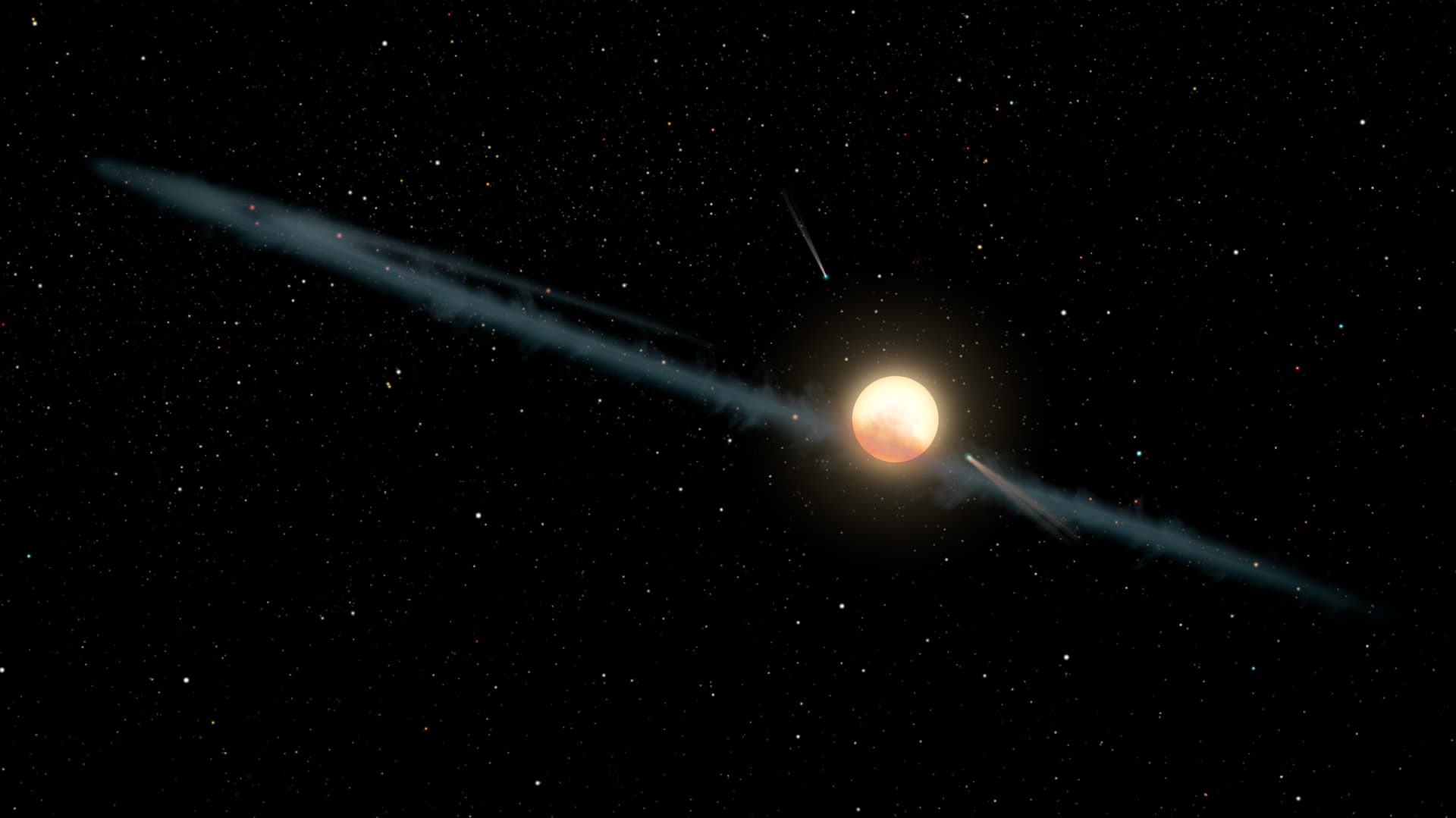 A bright celestial object surrounded by a glowing disk and a trail of light against a starry black background.
