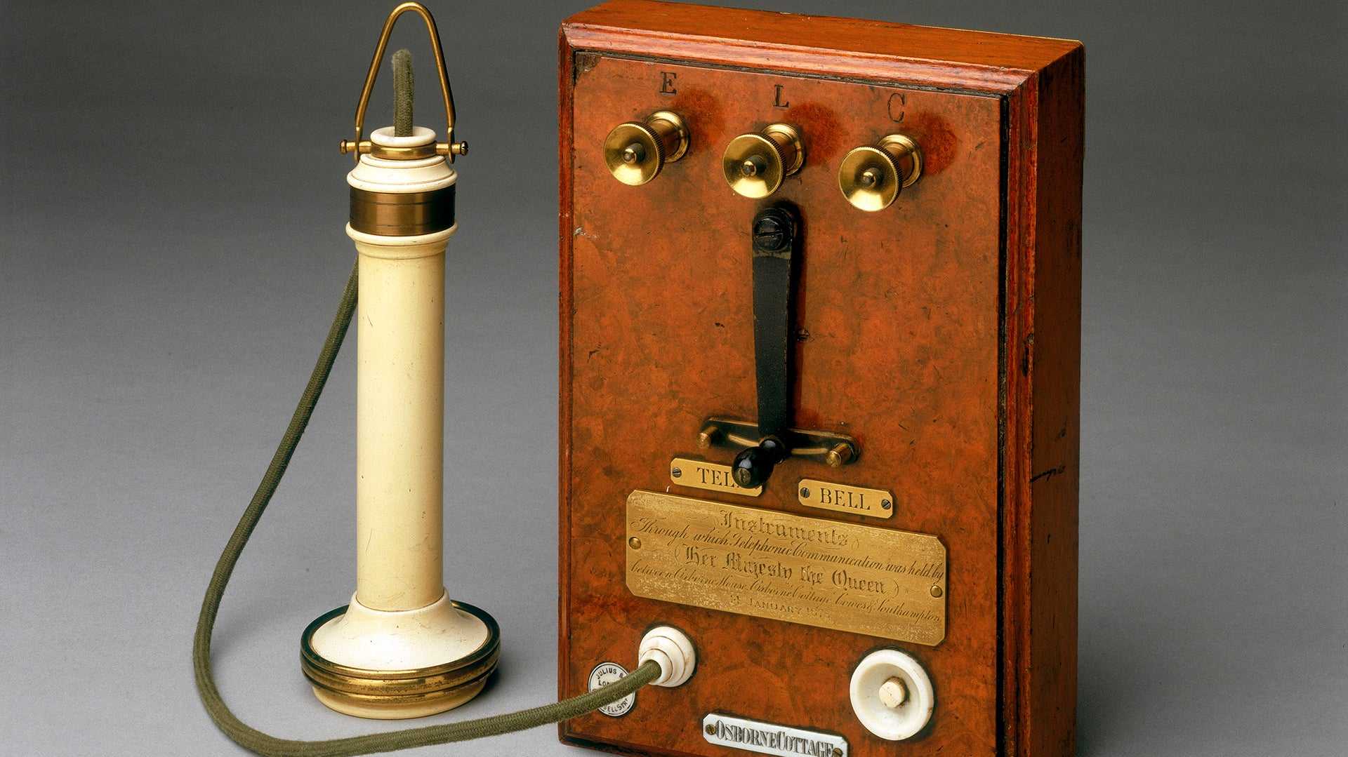On 7 March 7, 1876, Alexander Graham Bell secured a patent for an electrical speech machine, which he called the telephone. After showing the instrument at the American Centennial Exhibition in Philadelphia in June, news of the invention spread throughout Europe. He was asked to demonstrate the telephone to Queen Victoria (1819-1901) at Osborne House, on the Isle of Wight. On the evening of January 14, 1878 contact was made with nearby Osborne Cottage and terminals in Southampton and London. This telephone and terminal panel were used at Osborne Cottage.