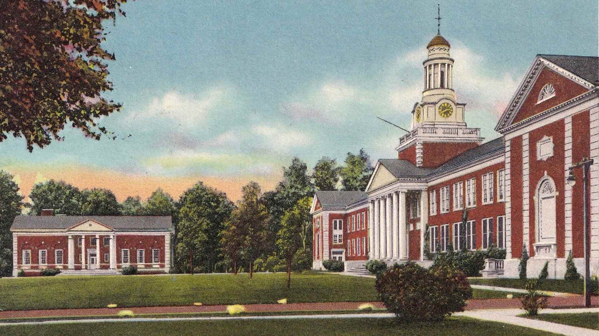Vintage souvenir linen postcard published circa 1941 depicting a number of historic landmarks and monuments of the industrial New Jersey city, here the State Teachers' College, now The College of New Jersey, a historic red brick building in downtown Trenton