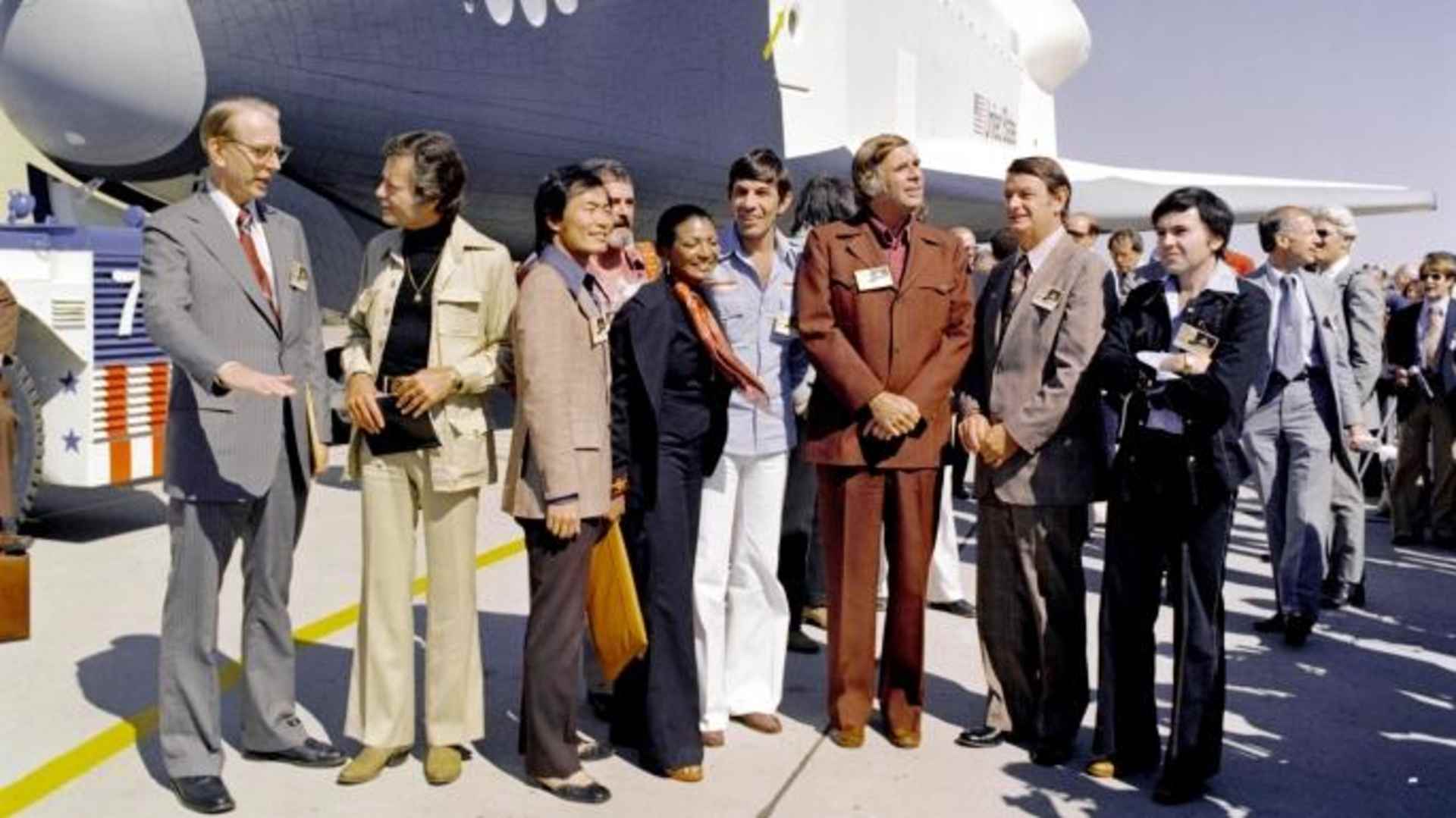The cast of the original "Star Trek" attend the rollout of the space shuttle Enterprise in 1976.