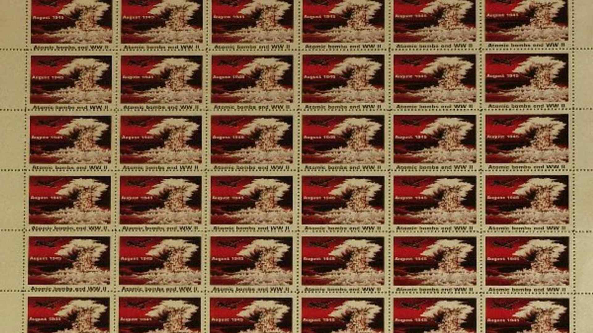 The withdrawn 1995 atomic bomb stamp also inspired imitations, such as this one, signed by stamp designer Gary Newhouse and the Enola Gay crew. (Image courtesy of LiveAuctioneers.com Archive and The Written Word Autographs)